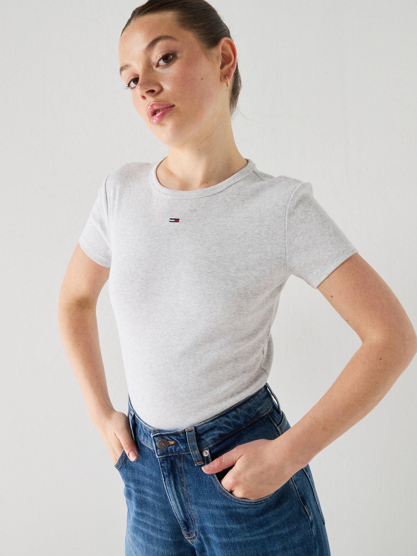 Tommy Jeans Tjw Slim Essential Rib Short Sleeve T-Shirt - Grey