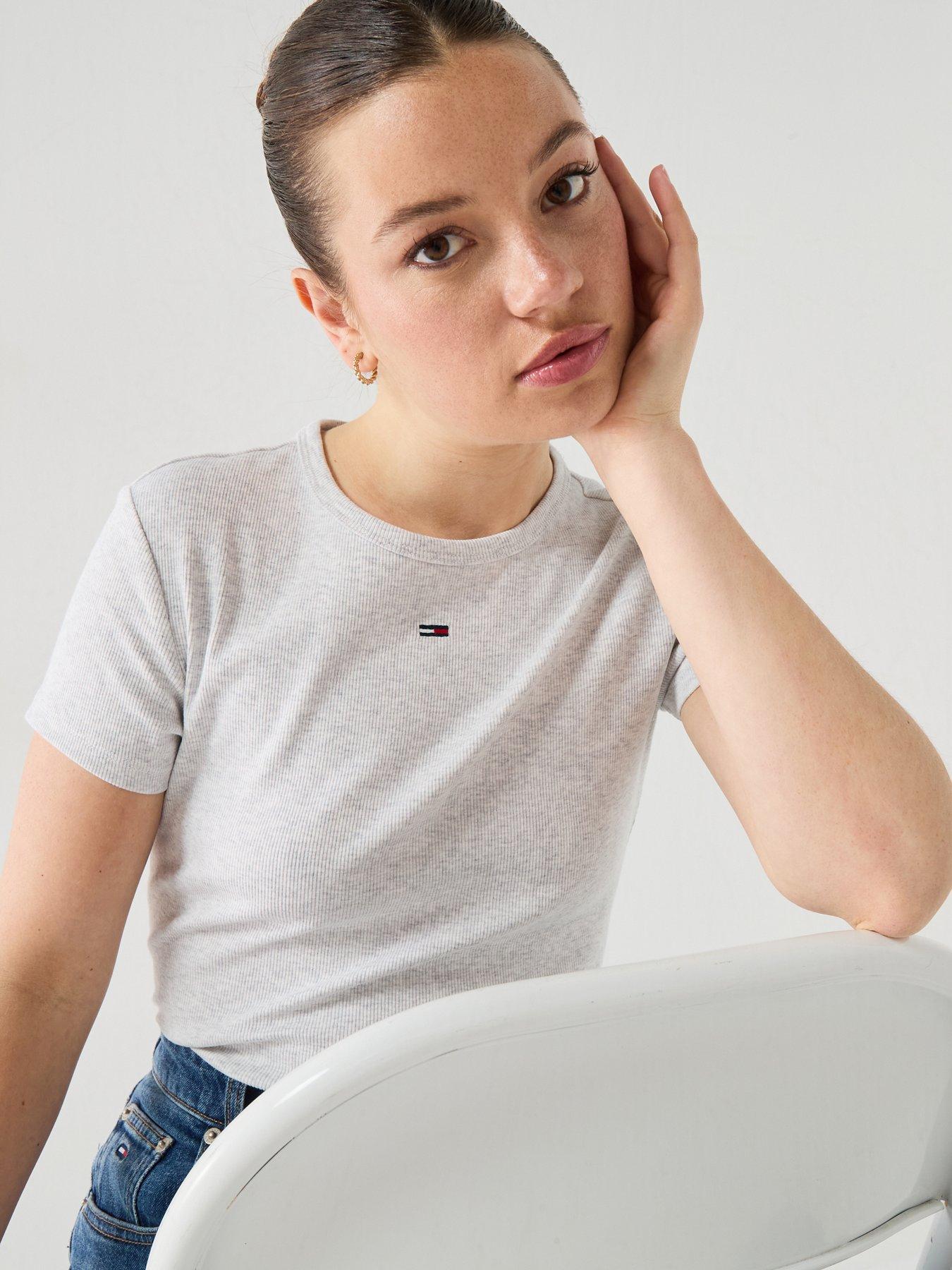 Image 5 of 5 of Tommy Jeans Ribbed Slim Crew Neck T-shirt - Silver Grey