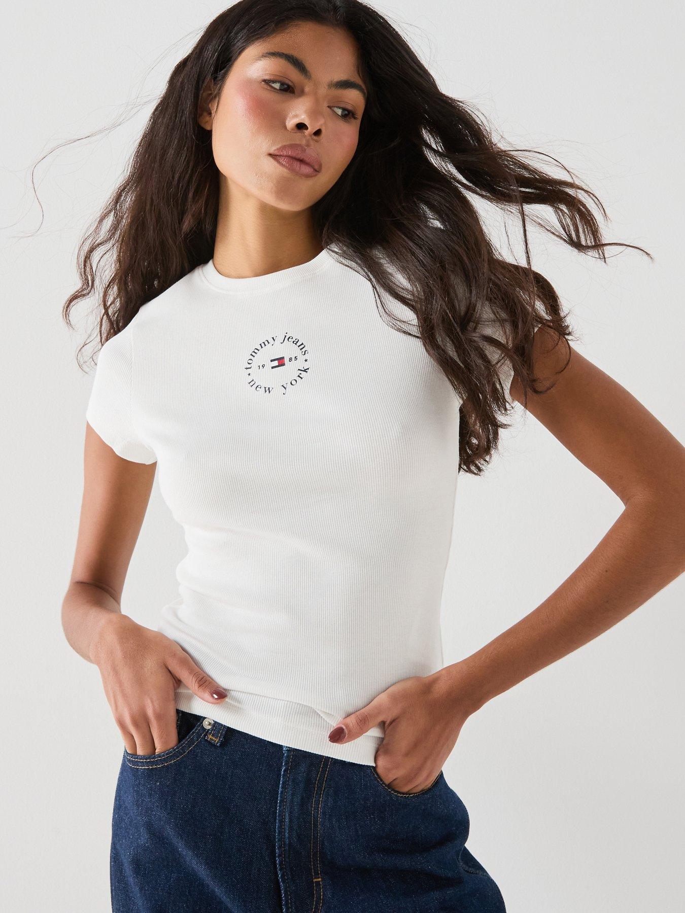 Image 1 of 5 of Tommy Jeans Logo Slim Ribbed T-shirt - Cream