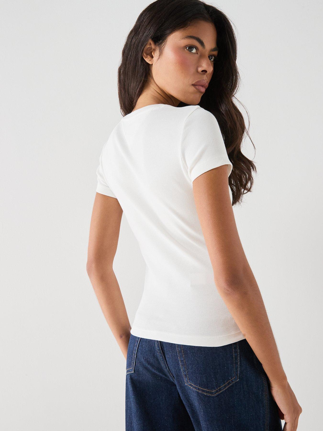 Image 2 of 5 of Tommy Jeans Logo Slim Ribbed T-shirt - Cream