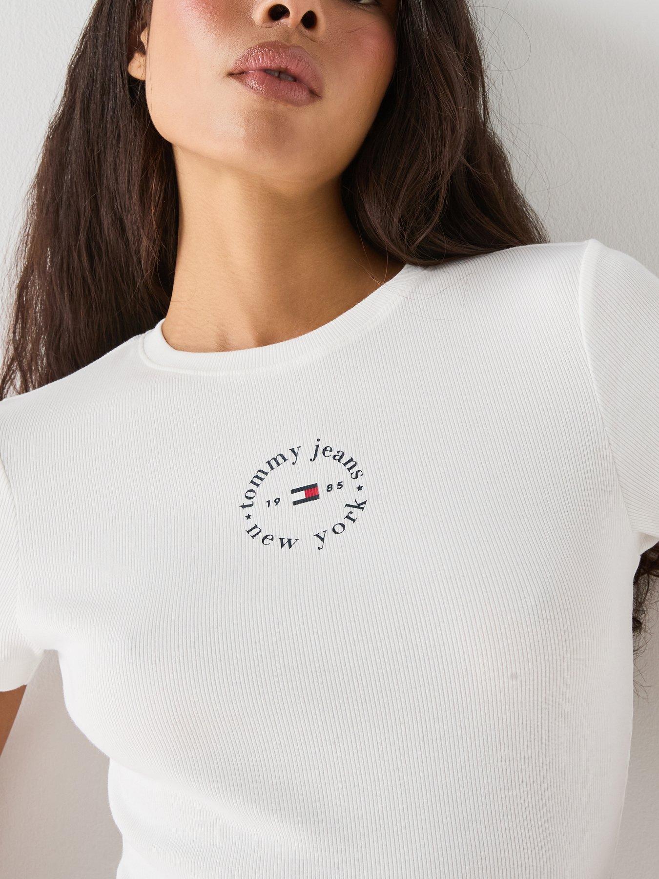 Image 4 of 5 of Tommy Jeans Logo Slim Ribbed T-shirt - Cream
