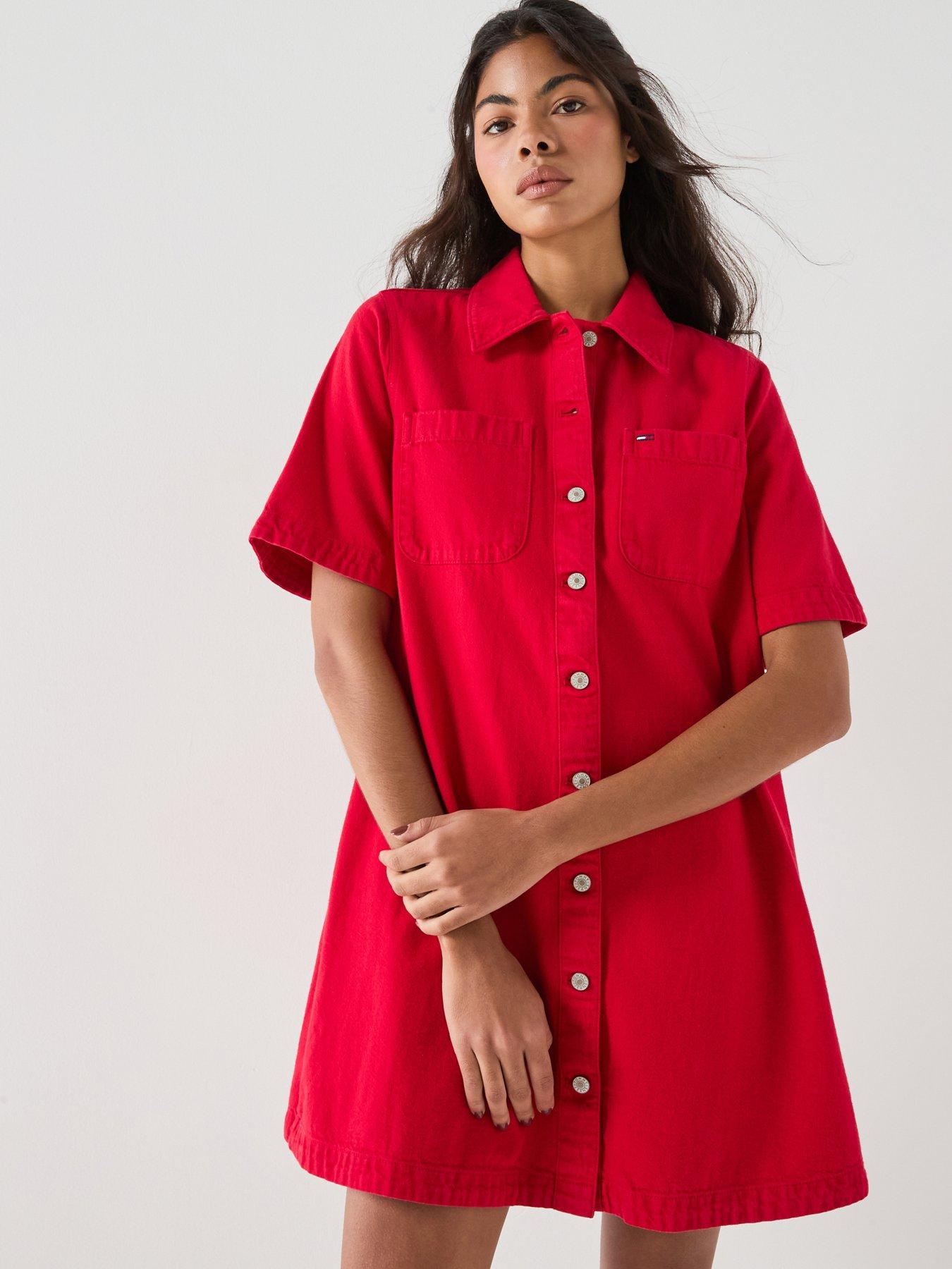 Image 1 of 5 of Tommy Jeans Textured Twill A-line Mini Shirt Dress - Red