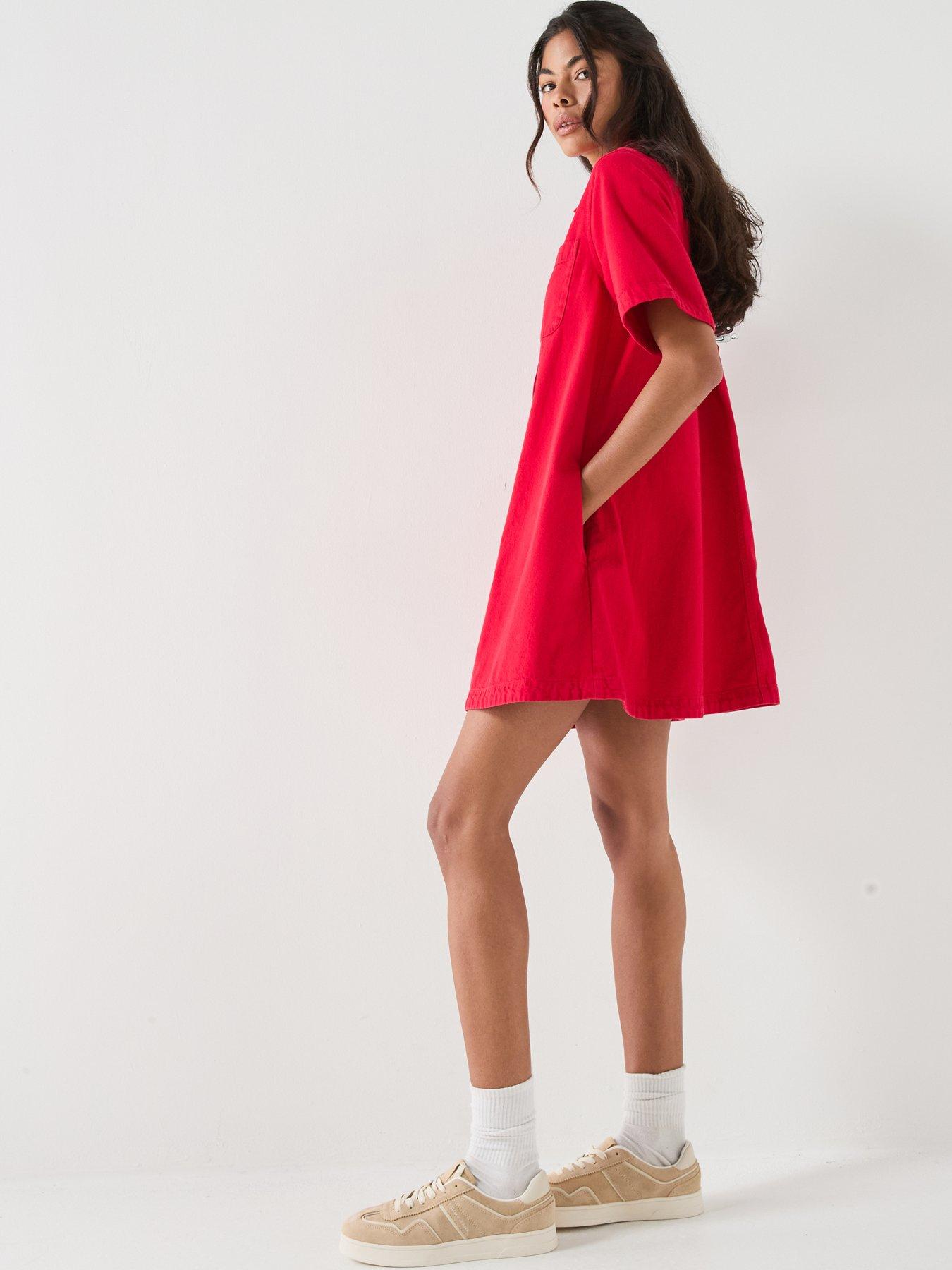 Image 3 of 5 of Tommy Jeans Textured Twill A-line Mini Shirt Dress - Red
