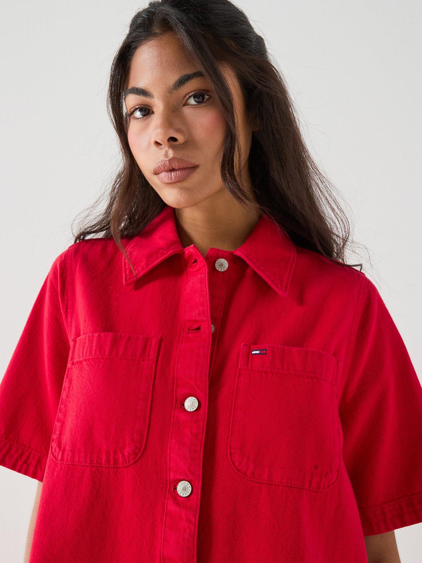 Image 4 of 5 of Tommy Jeans Textured Twill A-line Mini Shirt Dress - Red