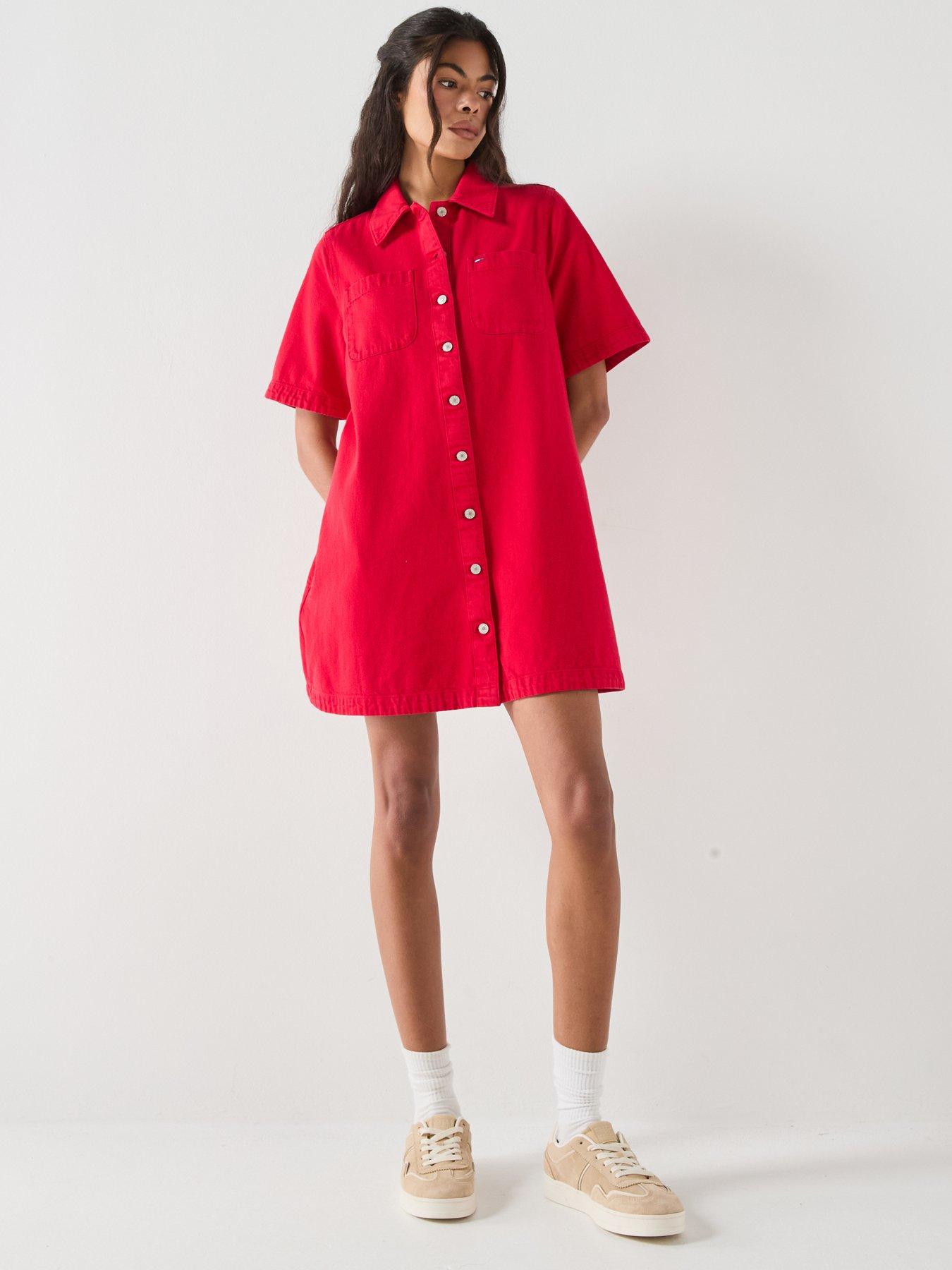 Image 5 of 5 of Tommy Jeans Textured Twill A-line Mini Shirt Dress - Red