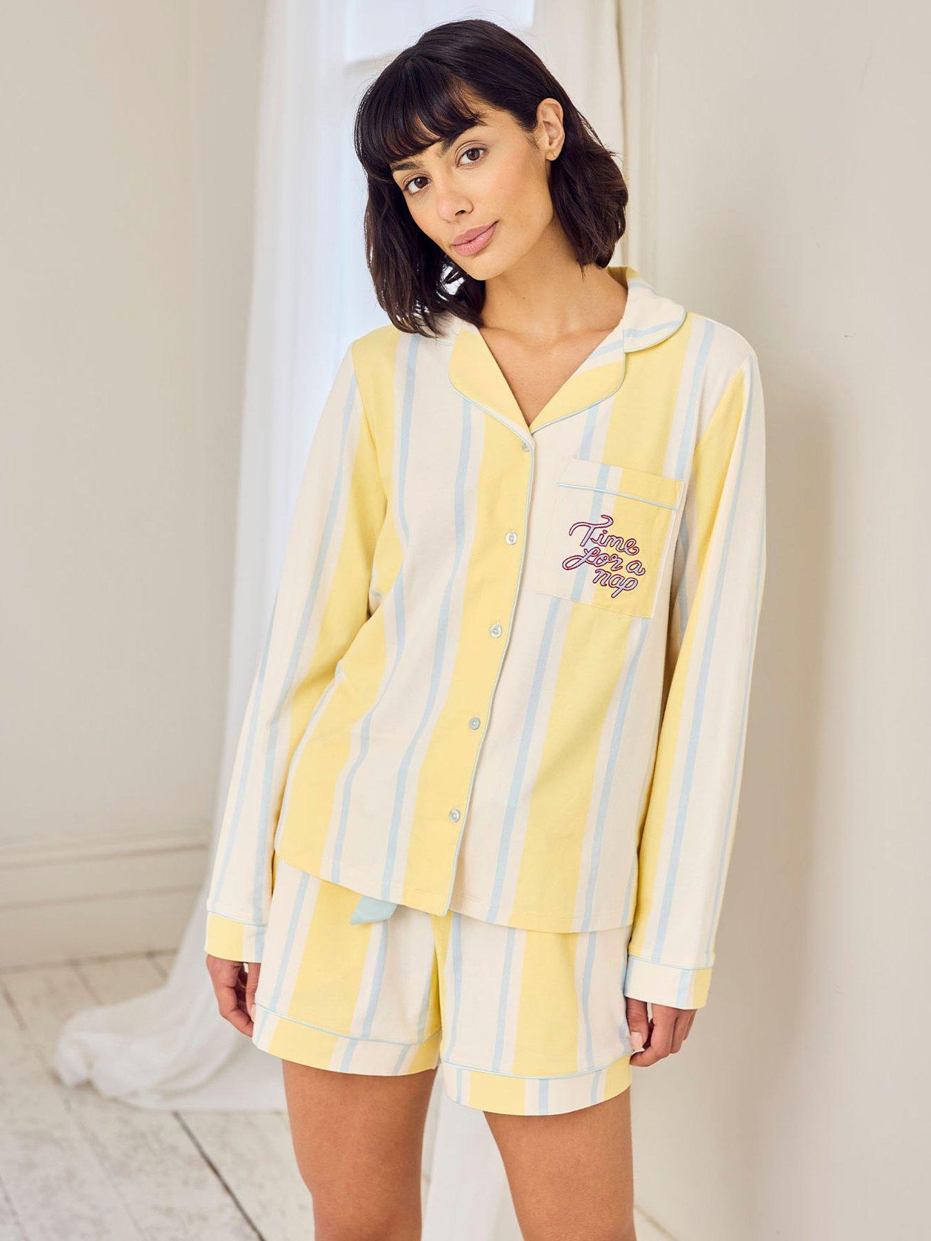 Image 1 of 6 of CHELSEA PEERS Cotton Embroidered Time For A Nap Short Pyjama Set - Yellow