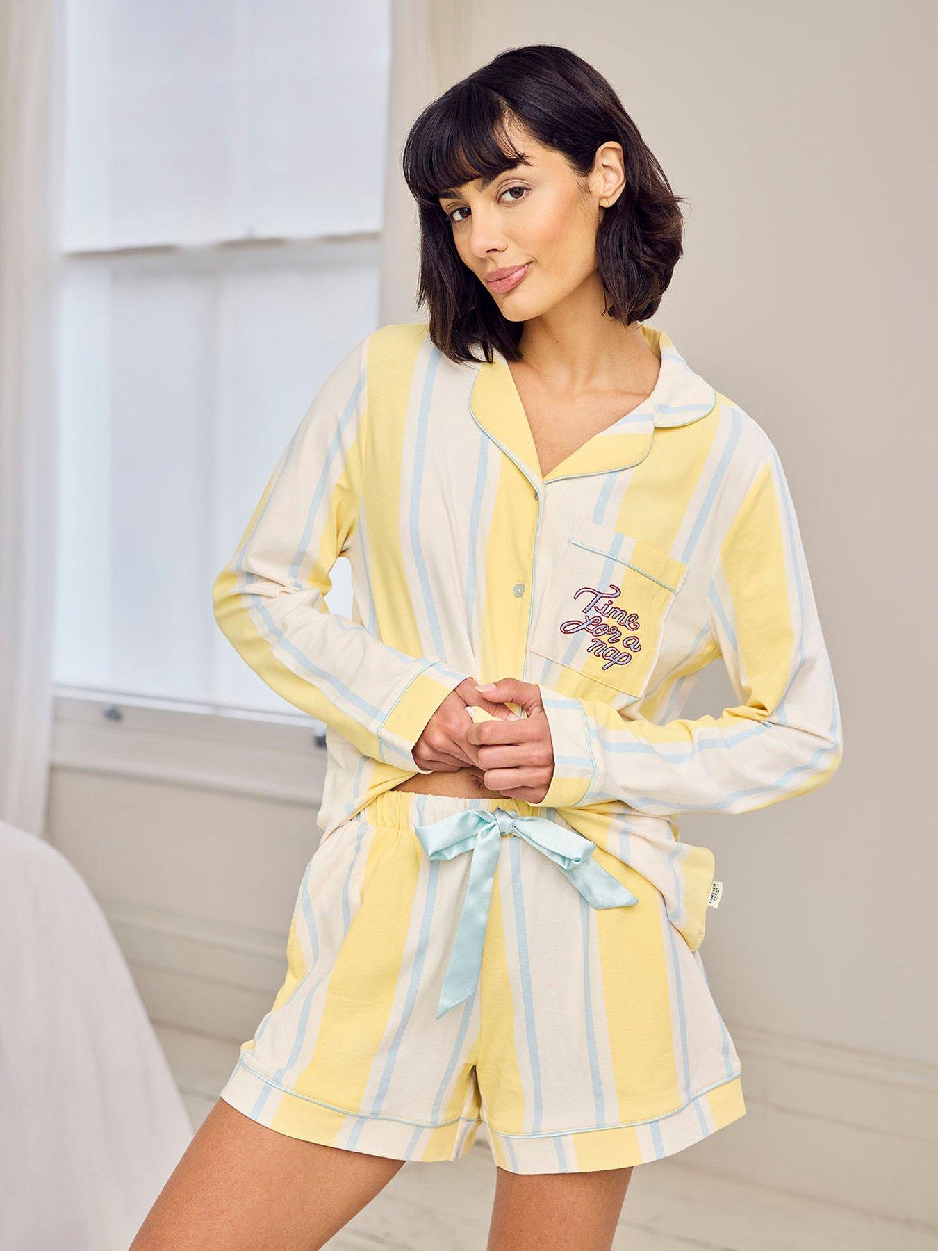 Image 4 of 6 of CHELSEA PEERS Cotton Embroidered Time For A Nap Short Pyjama Set - Yellow