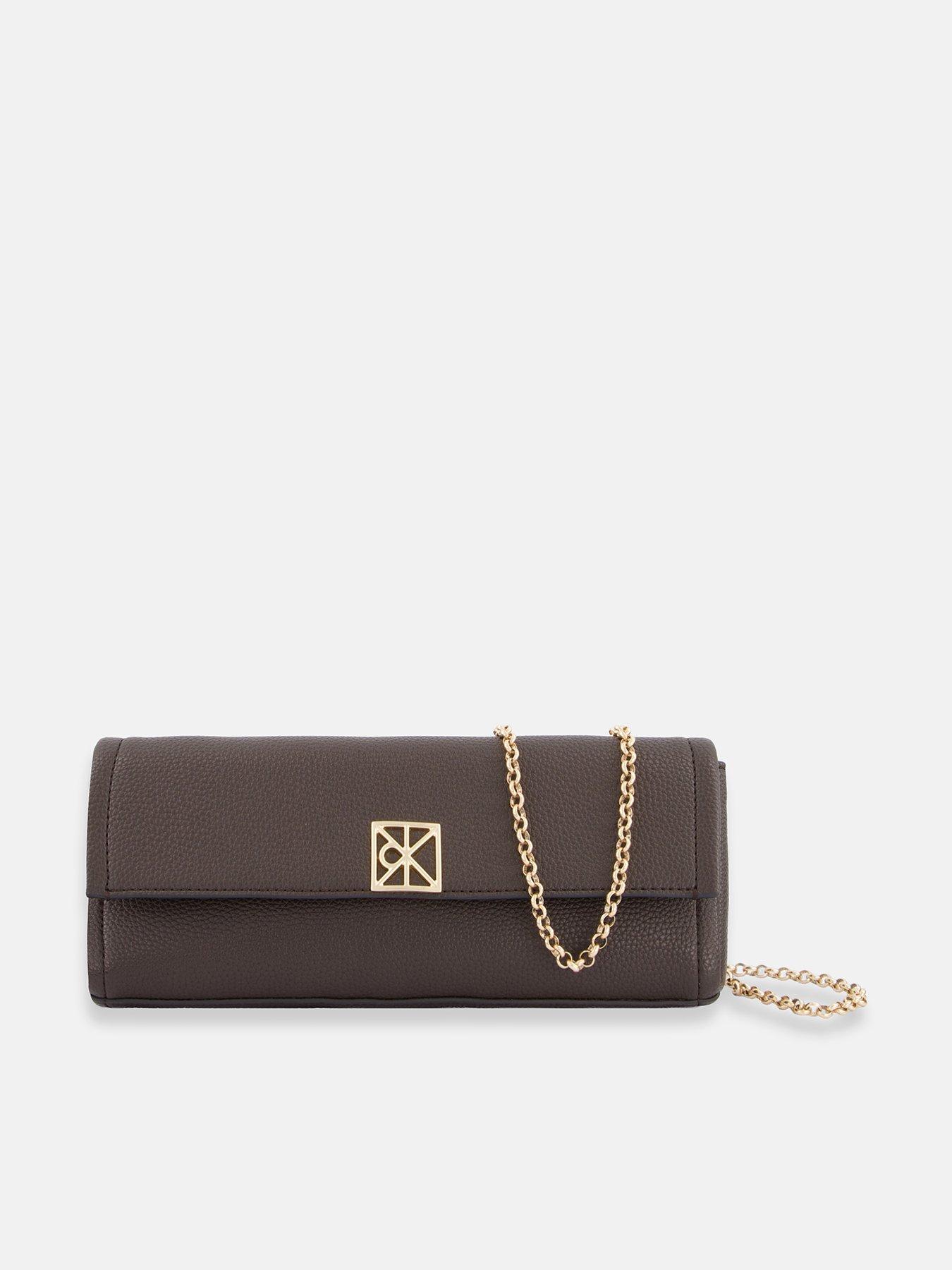 Image 1 of 5 of Calvin Klein Emblem Pebble Grain Chain Strap Clutch - Brown