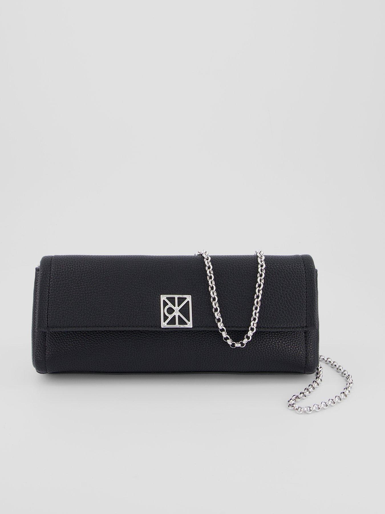 Image 1 of 6 of Calvin Klein Emblem Pebble Grain Chain Strap Clutch - Black