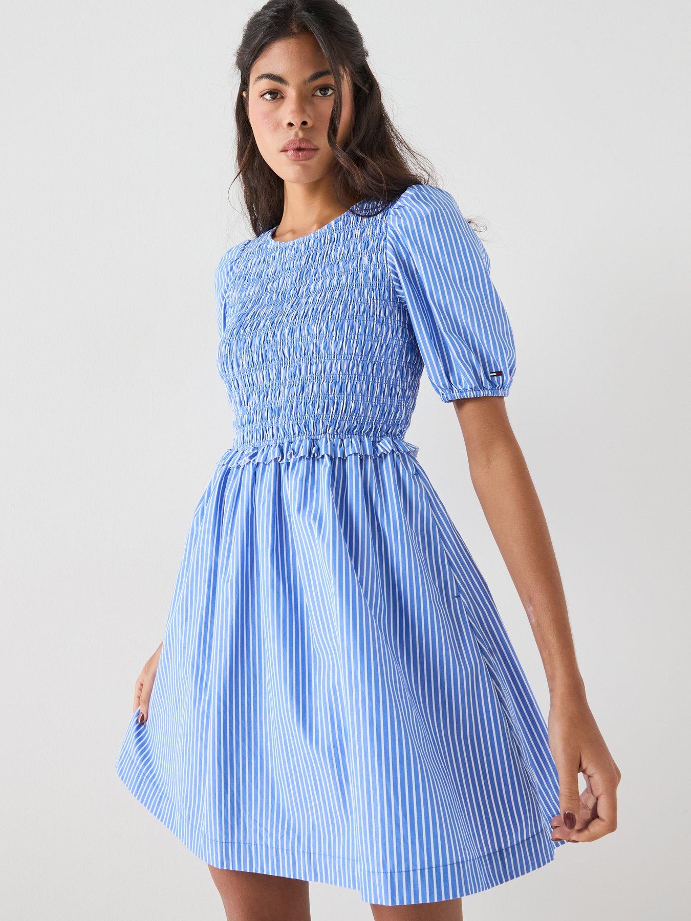 Tommy Jeans Back Tie Smock Slim Poplin Mini Dress - Blue
