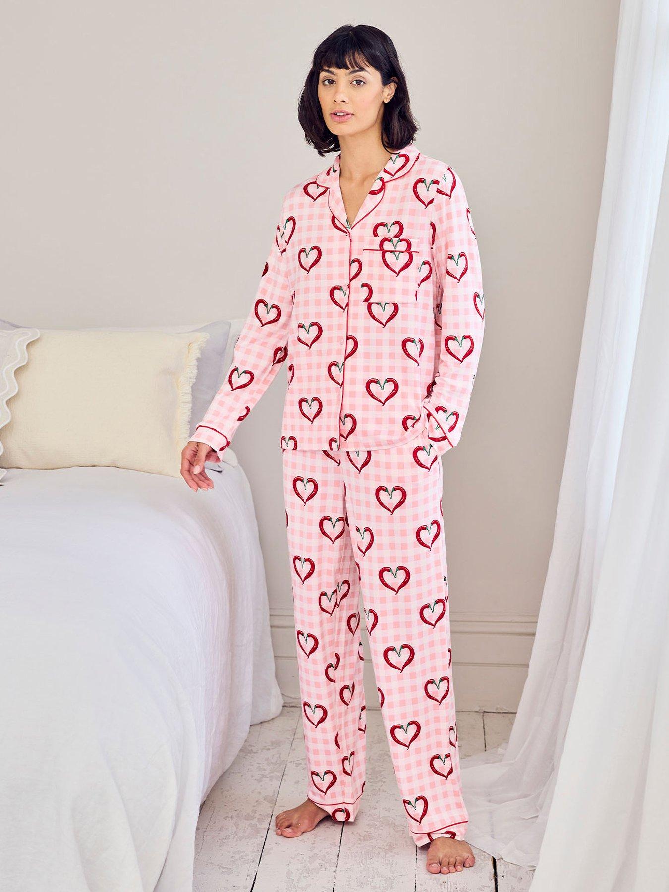Image 1 of 6 of CHELSEA PEERS Chilli Heart Print Long Pyjama Set - Pink
