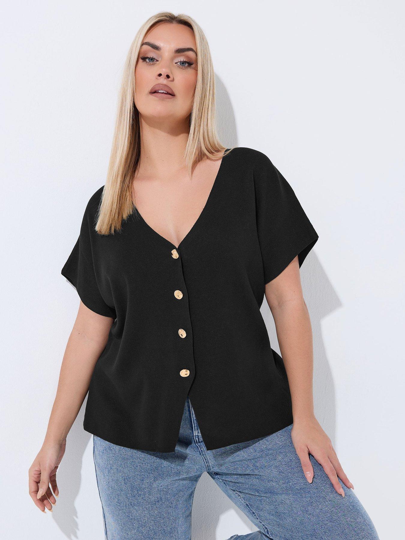 front image of yours-curve-double-button-knit-top-black