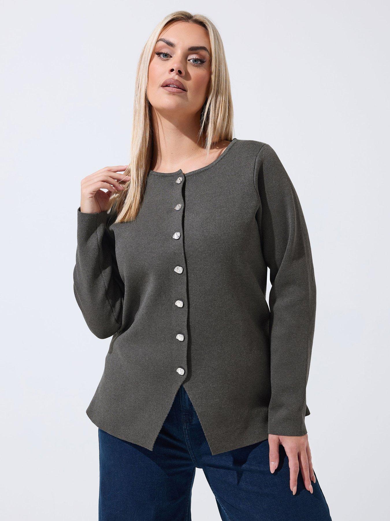 Image 1 of 6 of Yours Curve Long Sleeve Button Knit Top - Grey