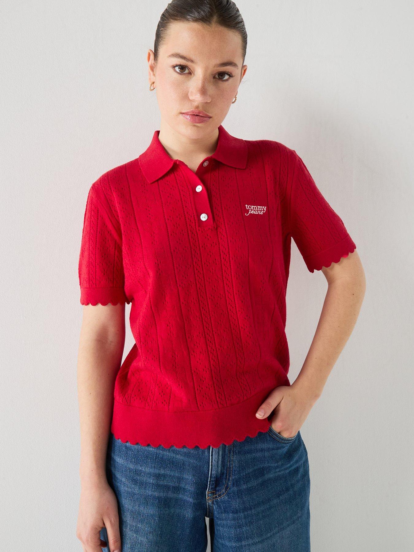 Image 1 of 6 of Tommy Jeans Pointelle Flag Short Sleeve Polo Jumper - Red