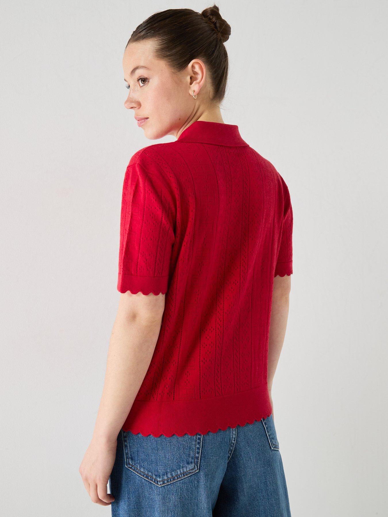 Image 2 of 6 of Tommy Jeans Pointelle Flag Short Sleeve Polo Jumper - Red