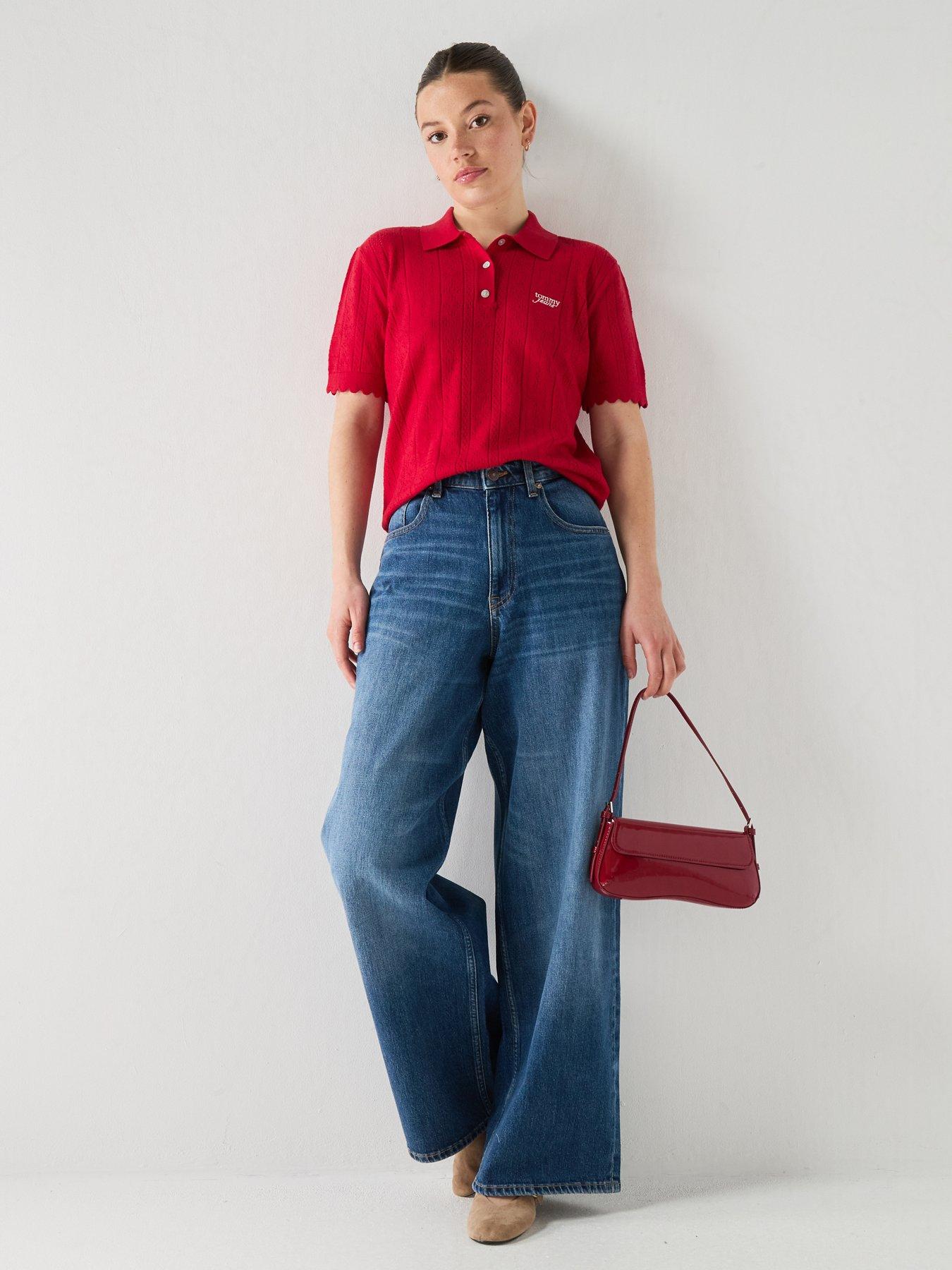 Image 3 of 6 of Tommy Jeans Pointelle Flag Short Sleeve Polo Jumper - Red