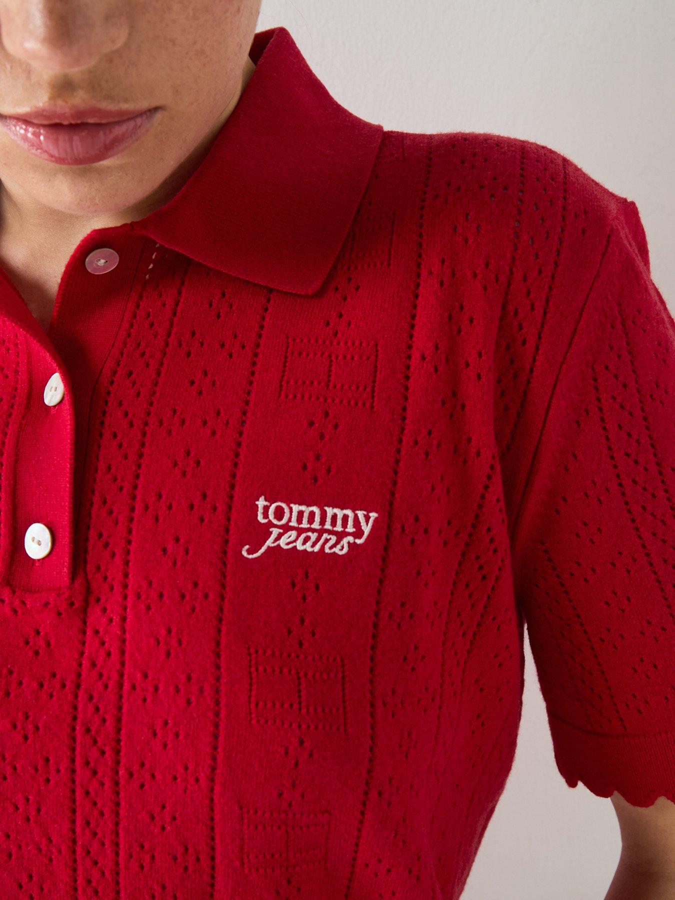 Image 4 of 6 of Tommy Jeans Pointelle Flag Short Sleeve Polo Jumper - Red