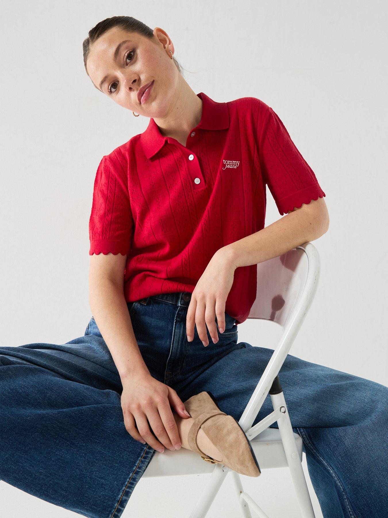 Image 5 of 6 of Tommy Jeans Pointelle Flag Short Sleeve Polo Jumper - Red