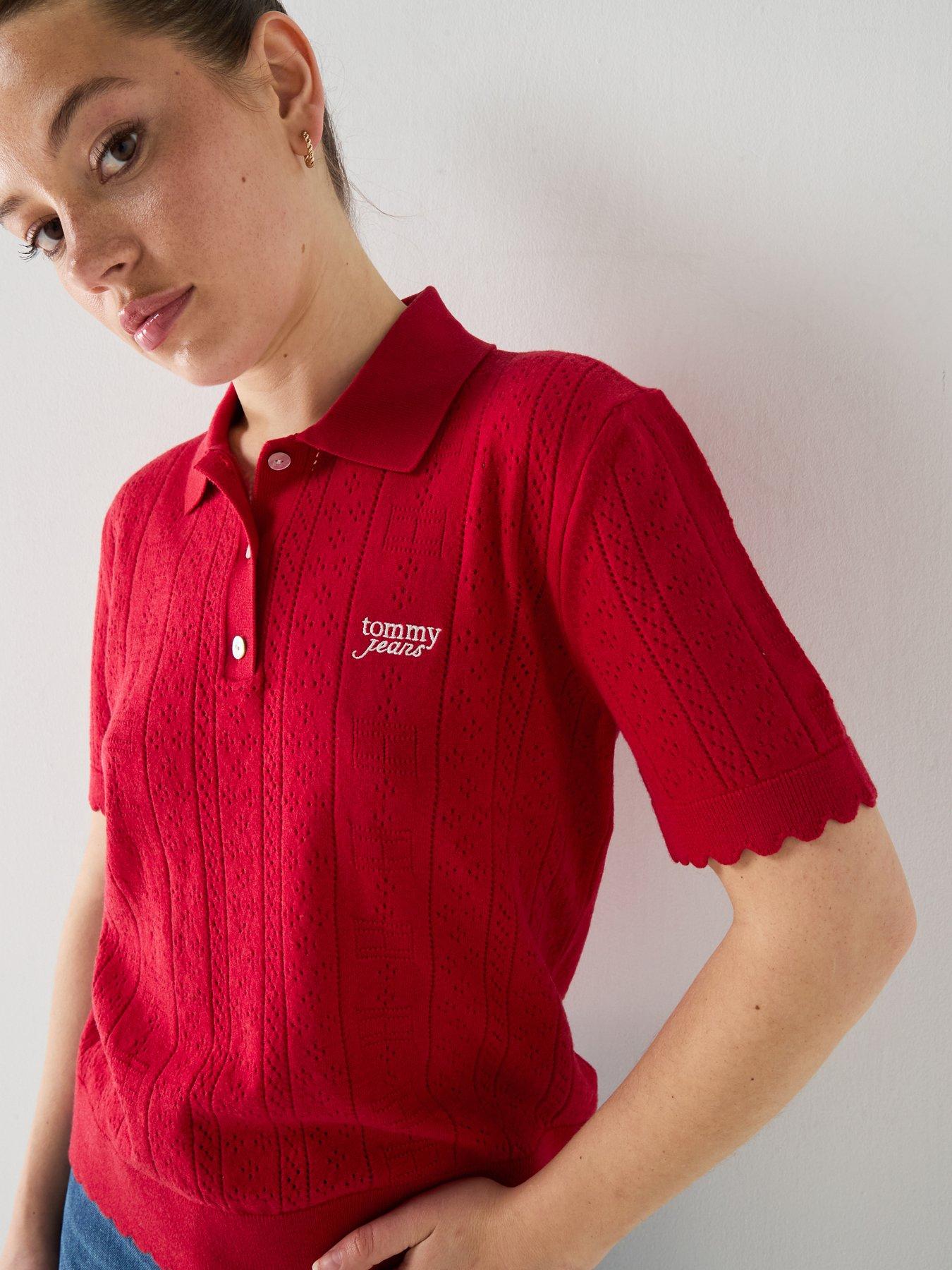Image 6 of 6 of Tommy Jeans Pointelle Flag Short Sleeve Polo Jumper - Red