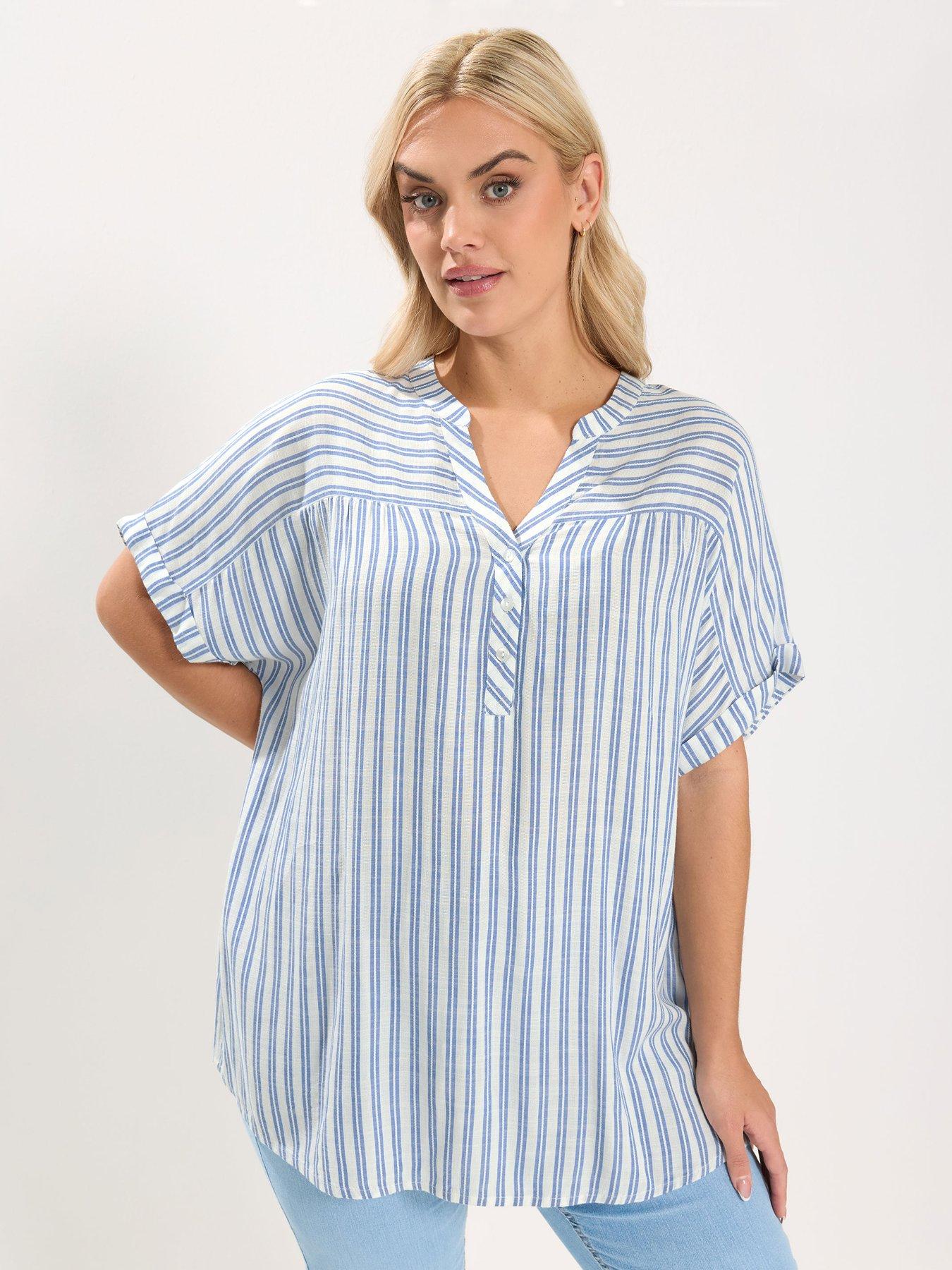 Yours Curve Stripe Notch Neck Blouse - White