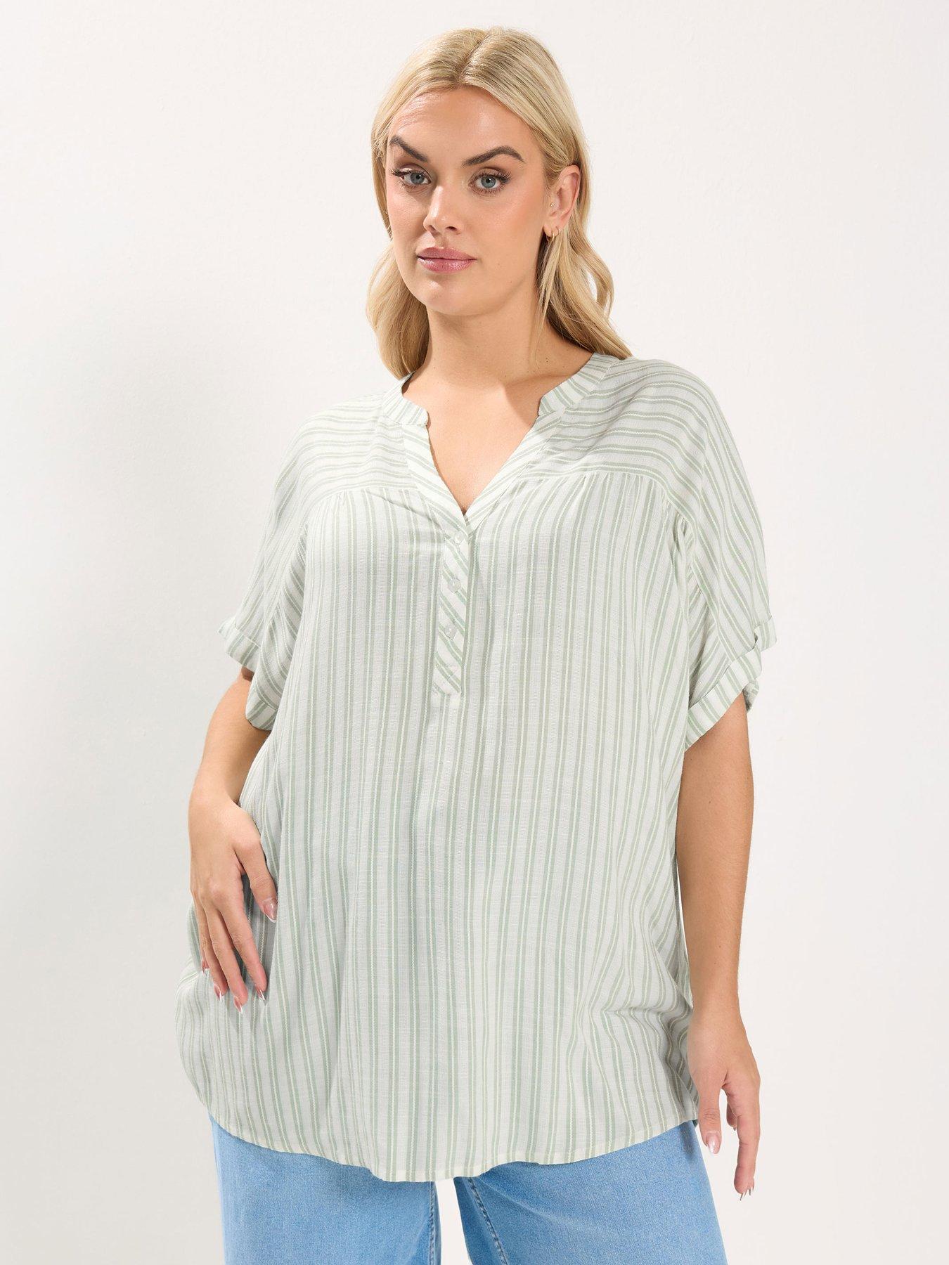 Yours Curve Stripe Notch Neck Blouse - White