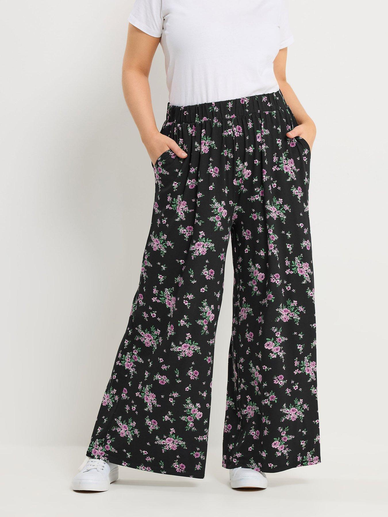 Yours Curve Jersey Wide Leg Floral Trousers - Black