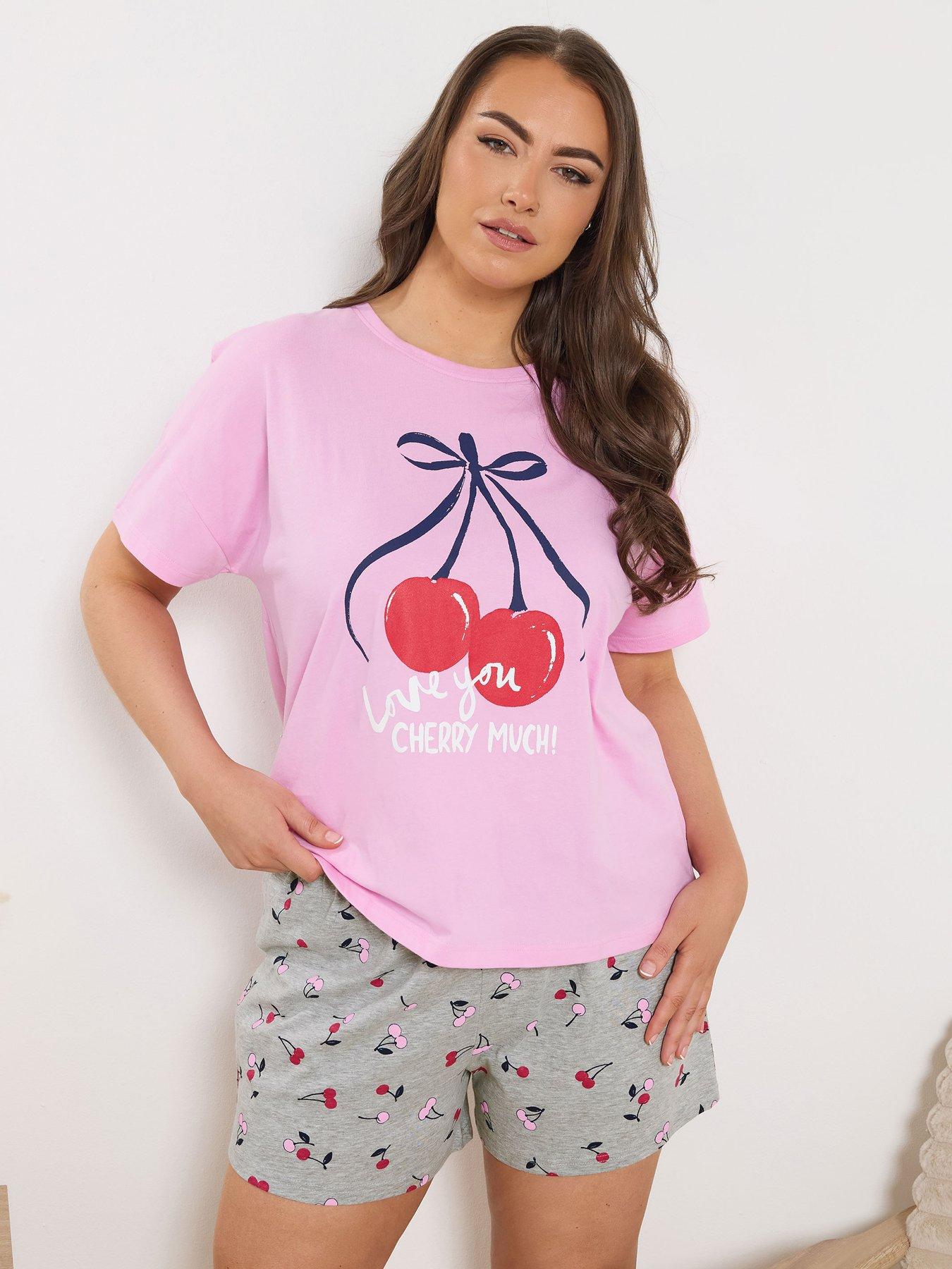 Image 1 of 5 of Yours Curve Cherry Print Pyjama Shorts - Grey
