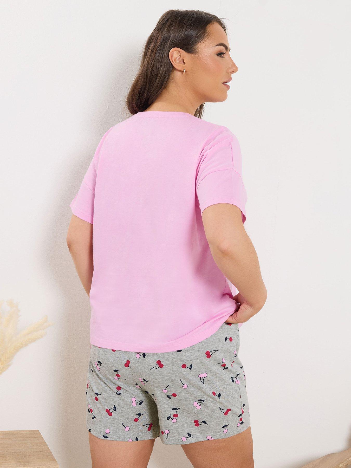 Image 2 of 5 of Yours Curve Cherry Print Pyjama Shorts - Grey