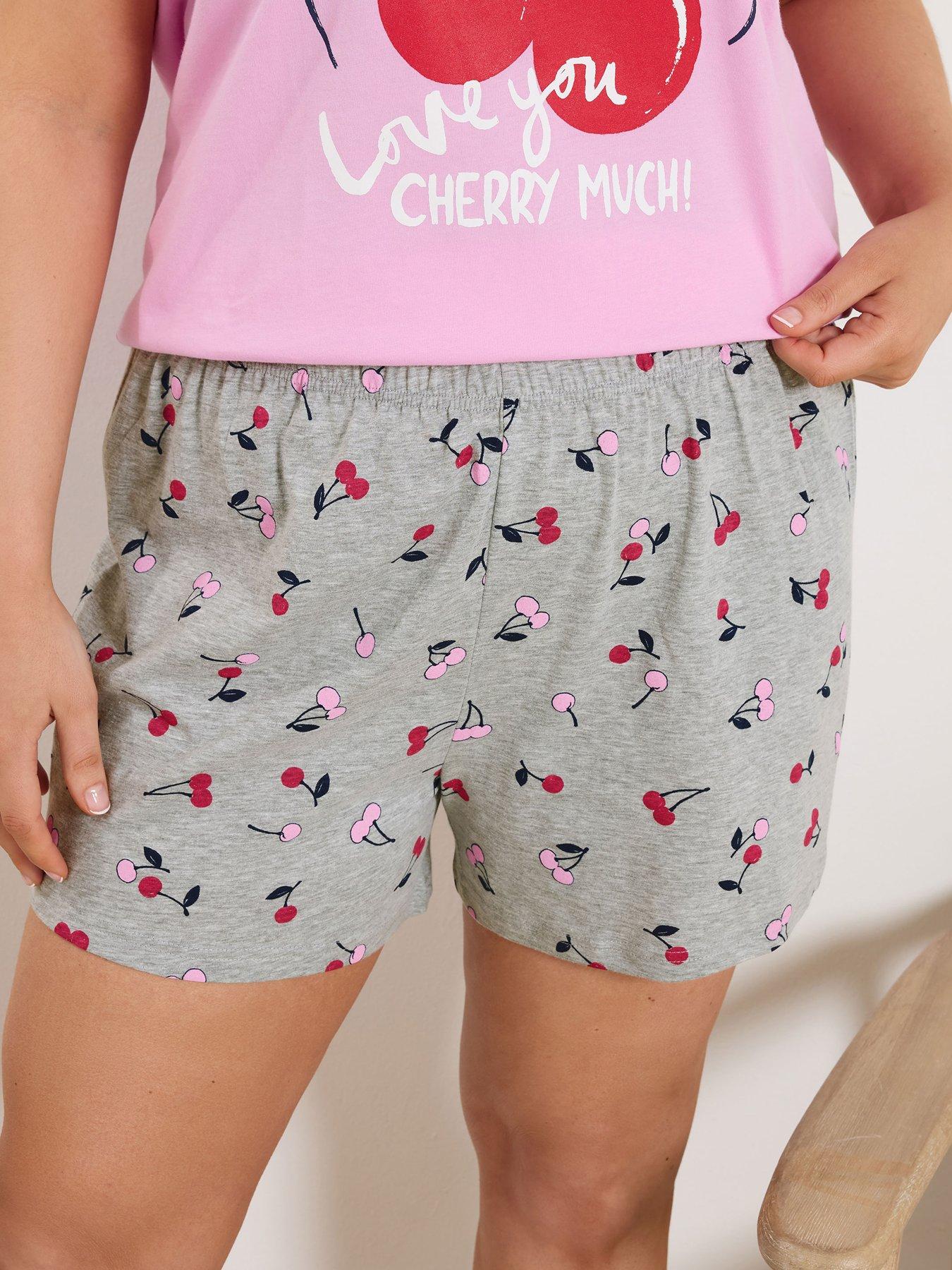 Image 4 of 5 of Yours Curve Cherry Print Pyjama Shorts - Grey