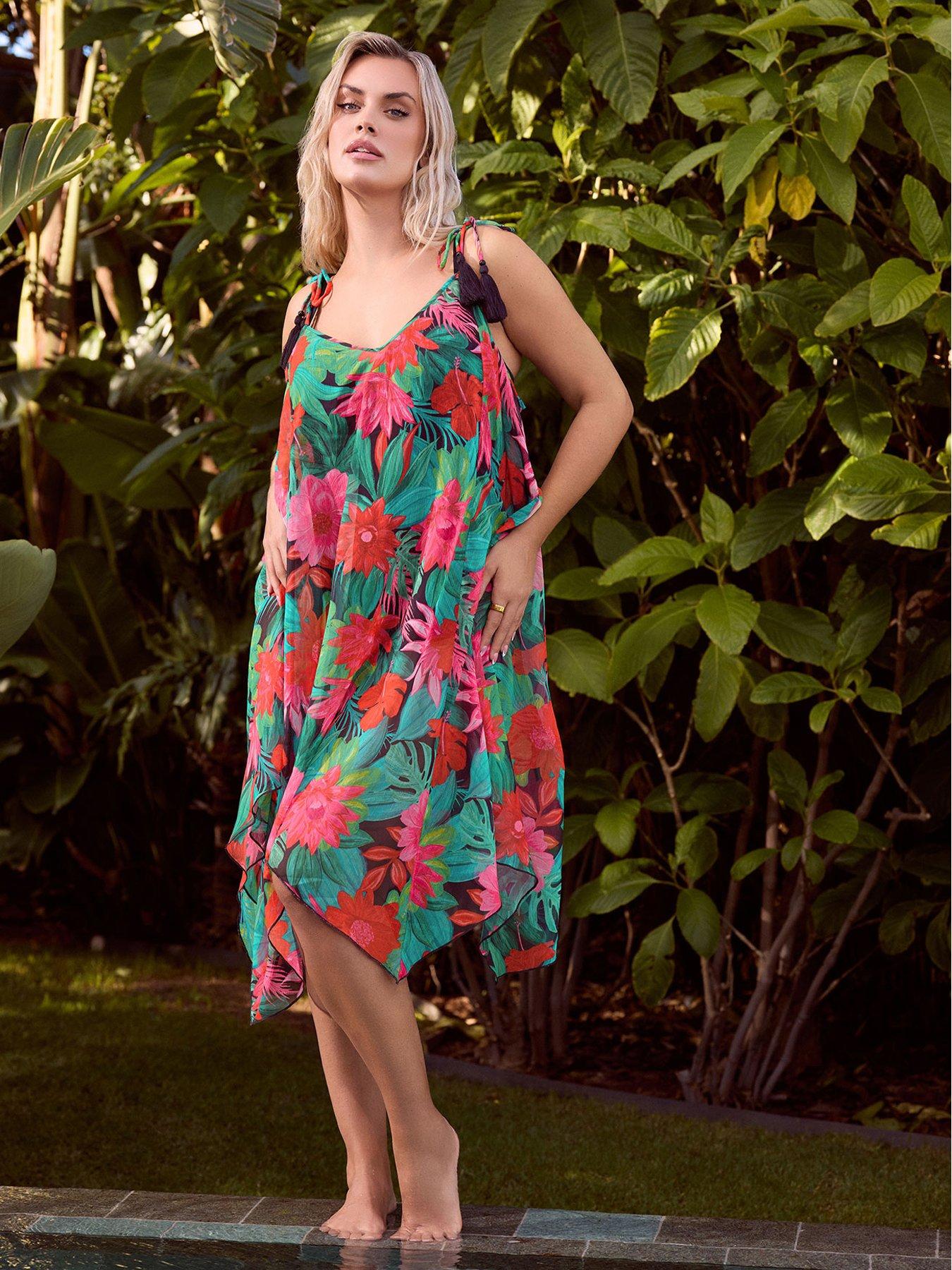 Yours Curve Chiffon Hanky Hem Dress - Red/Green