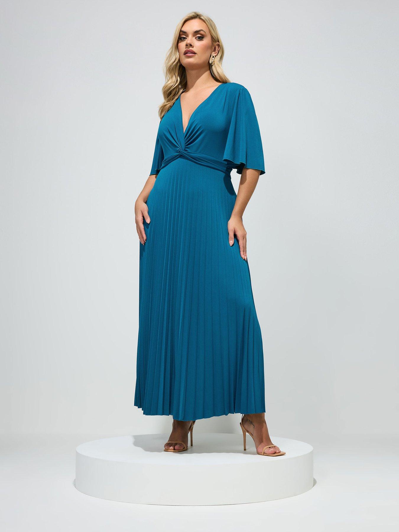 Image 1 of 4 of Yours Curve Pleated Knot Angel Sleeve Maxi Dress - Blue