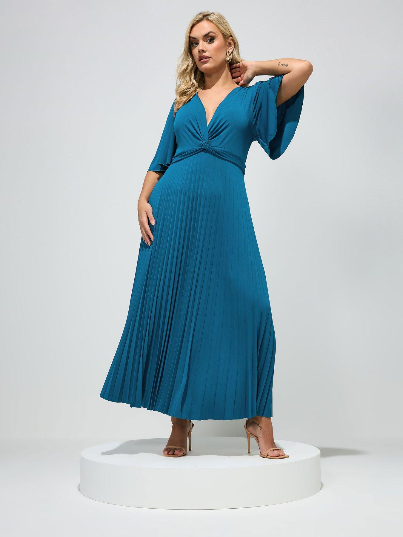 Image 3 of 4 of Yours Curve Pleated Knot Angel Sleeve Maxi Dress - Blue
