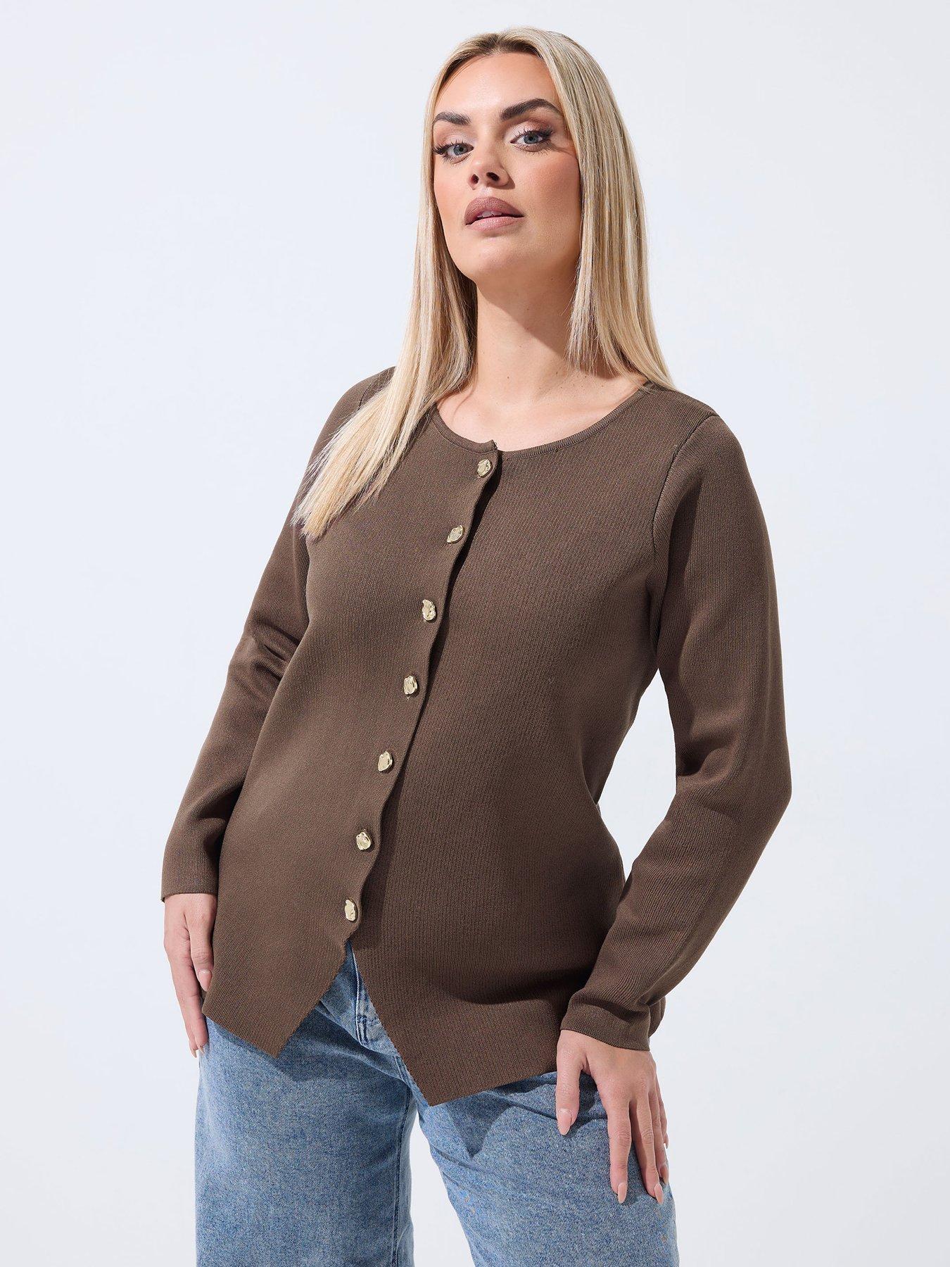  image of yours-curve-long-sleeve-button-knit-top-brown