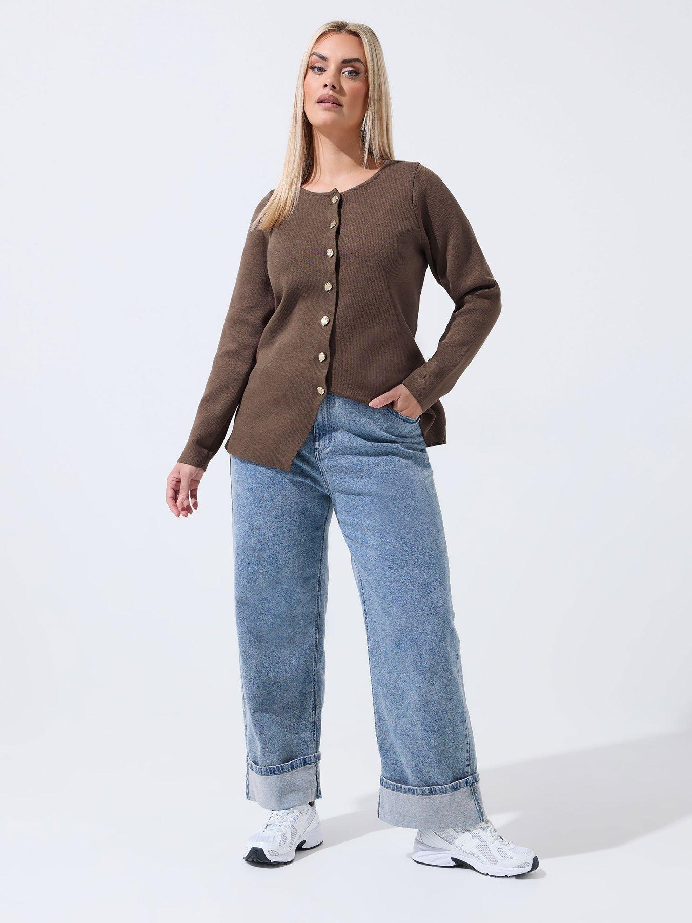  image of yours-curve-long-sleeve-button-knit-top-brown
