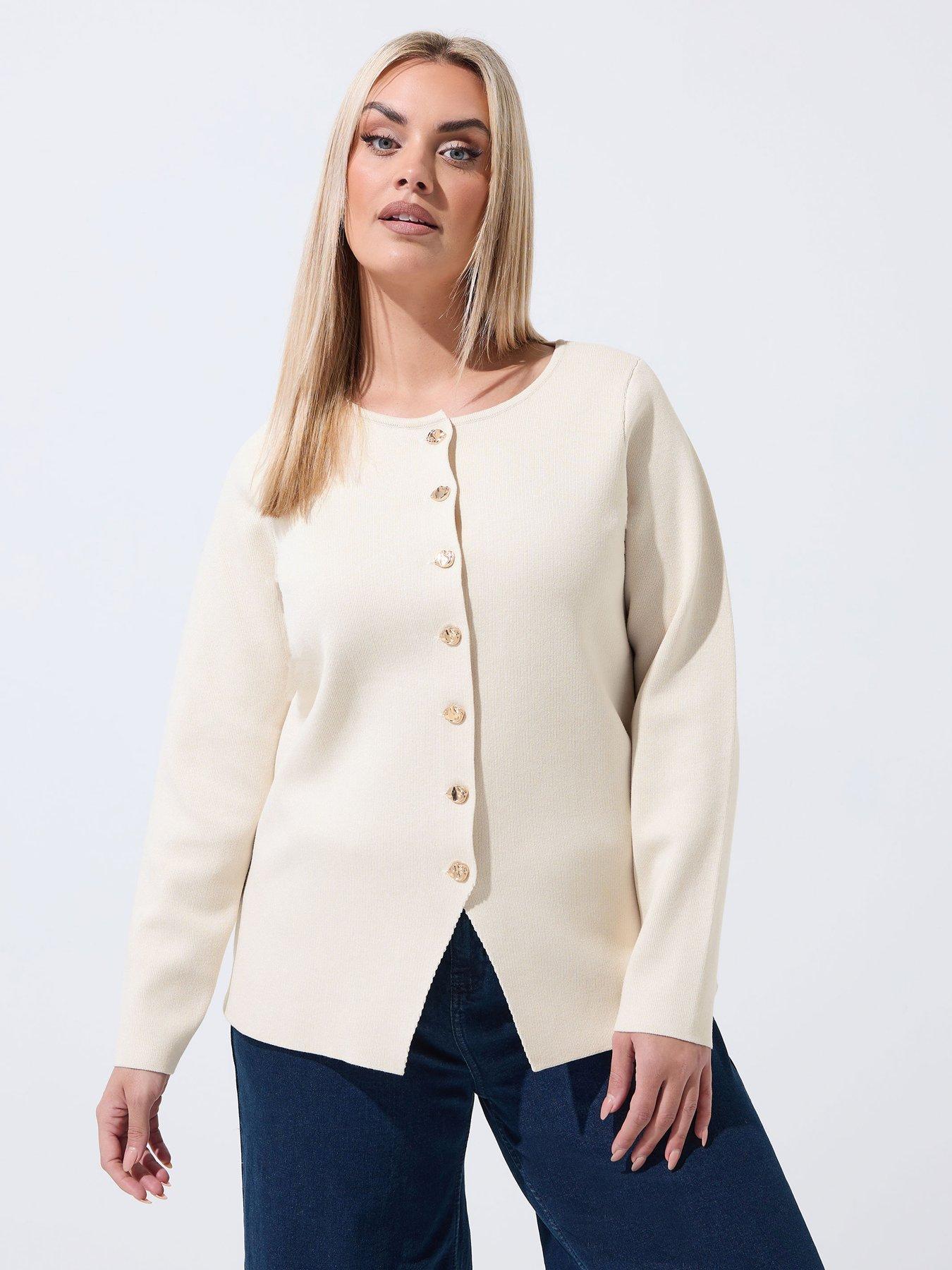 Yours Curve Long Sleeve Button Knit Top - Cream