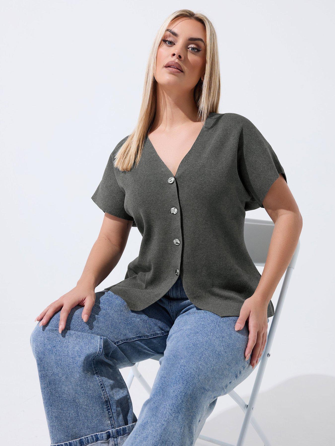 front image of yours-curve-double-button-knit-top-grey
