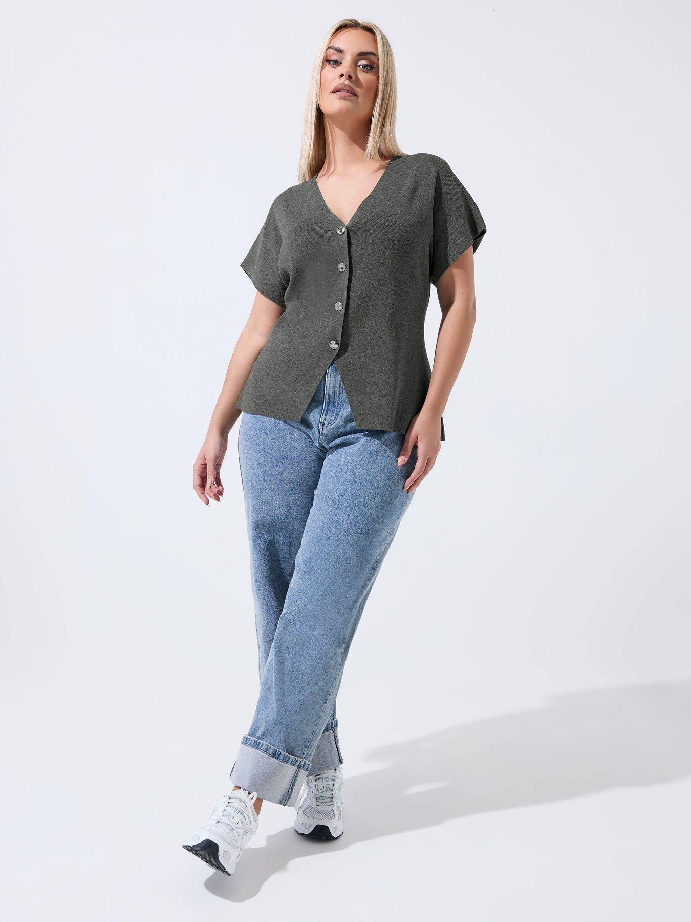  image of yours-curve-double-button-knit-top-grey