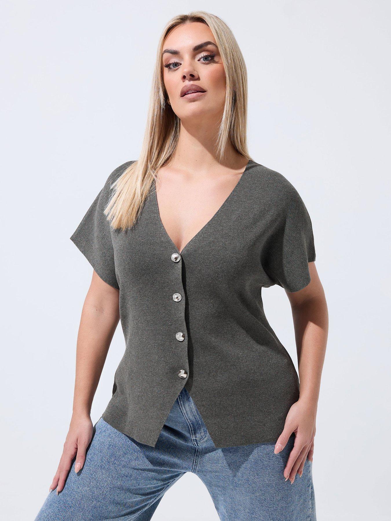  image of yours-curve-double-button-knit-top-grey
