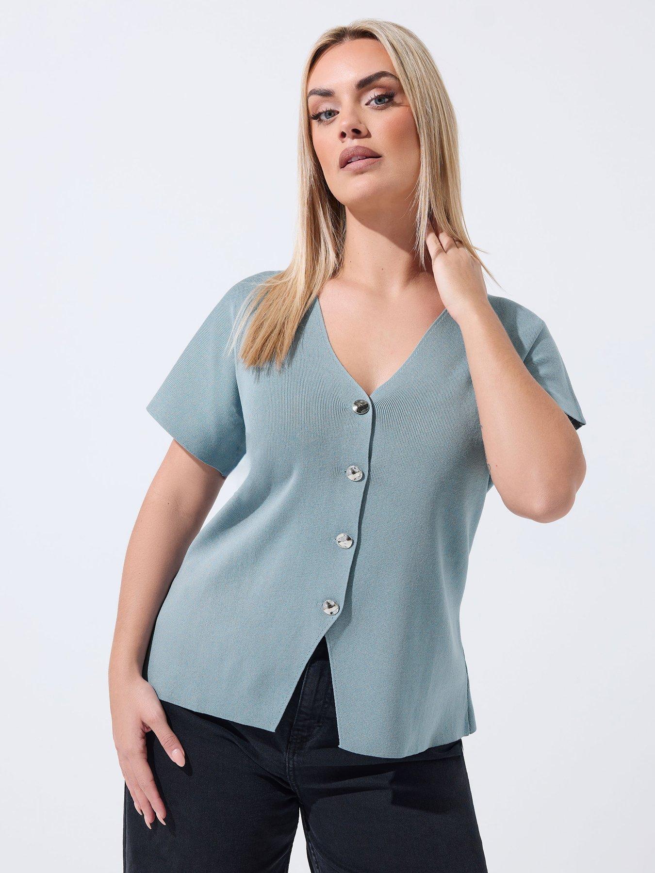 front image of yours-curve-double-button-knit-top-blue