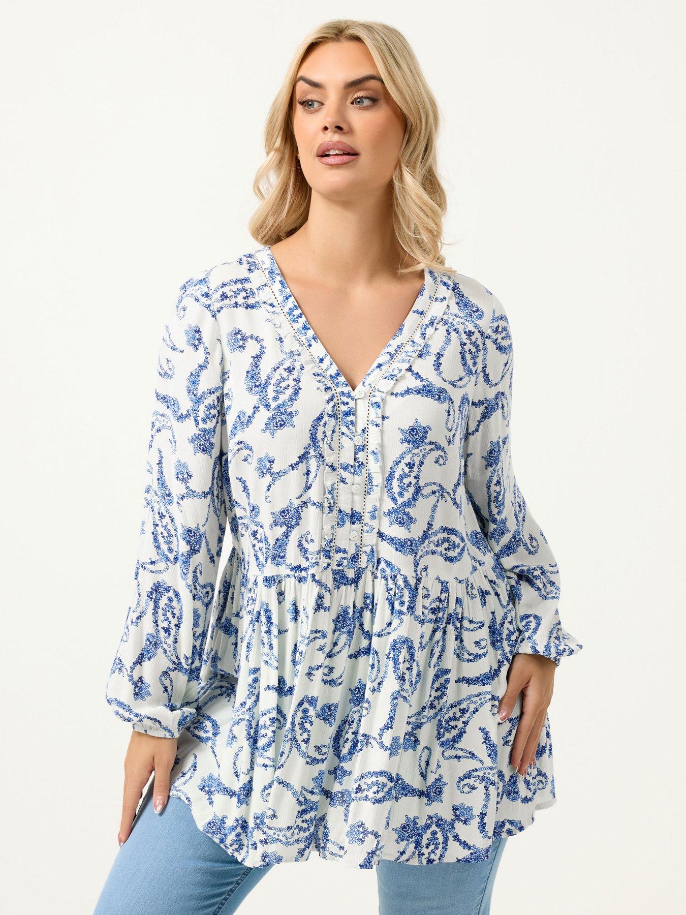 Yours Curve Ruffle Placket Gypsy Blouse - Blue