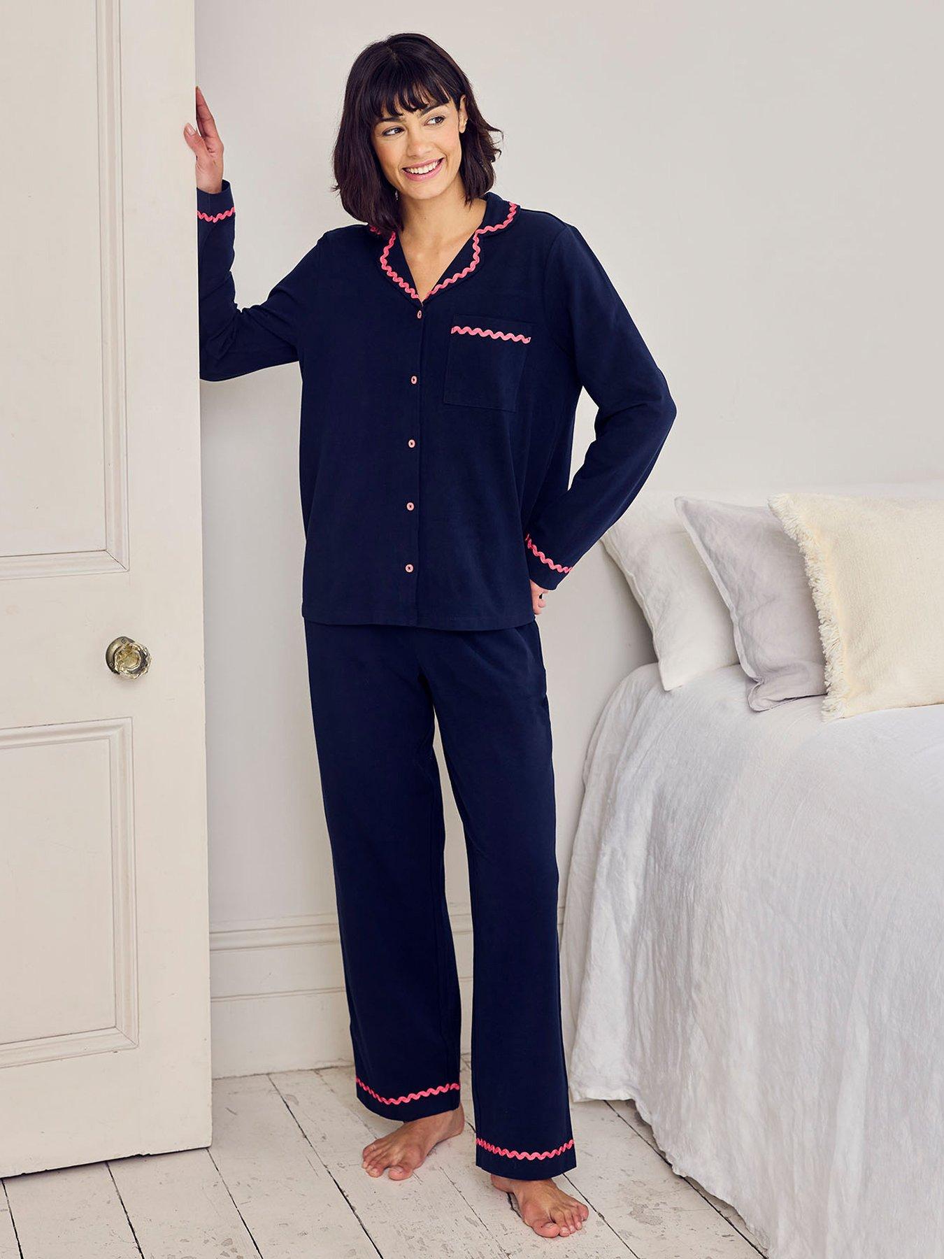 Image 1 of 6 of CHELSEA PEERS Cotton Embroidered Back Good Morning Long Pyjama Set - Navy