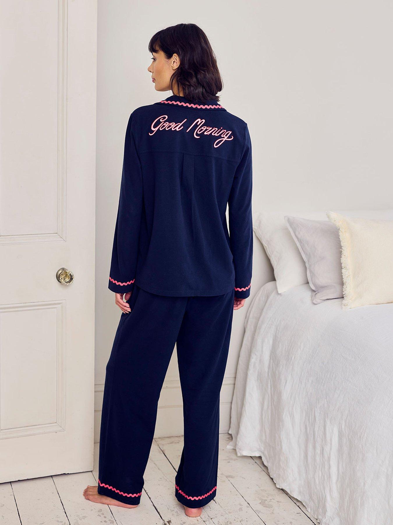 Image 2 of 6 of CHELSEA PEERS Cotton Embroidered Back Good Morning Long Pyjama Set - Navy