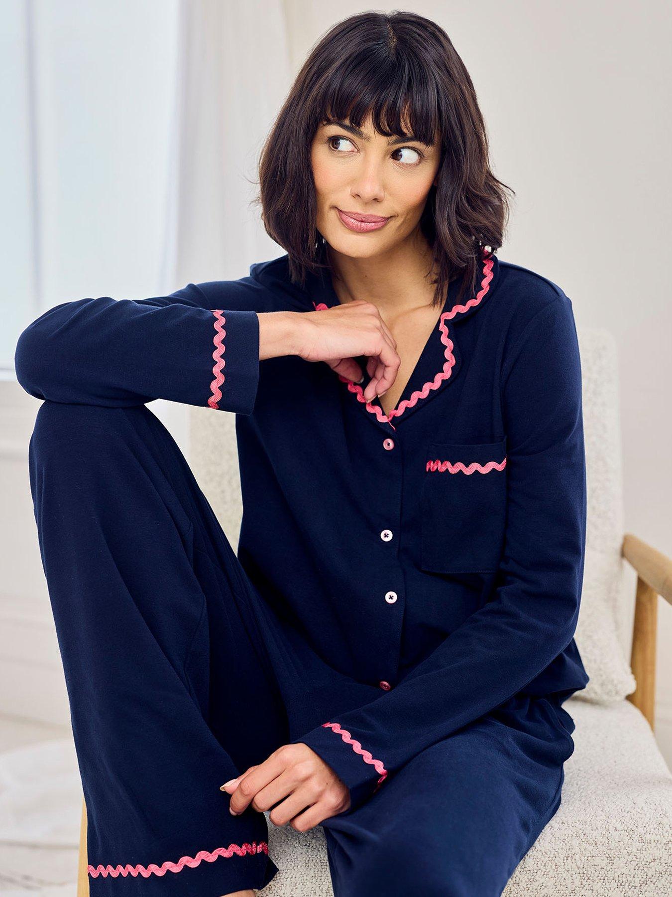 Image 3 of 6 of CHELSEA PEERS Cotton Embroidered Back Good Morning Long Pyjama Set - Navy