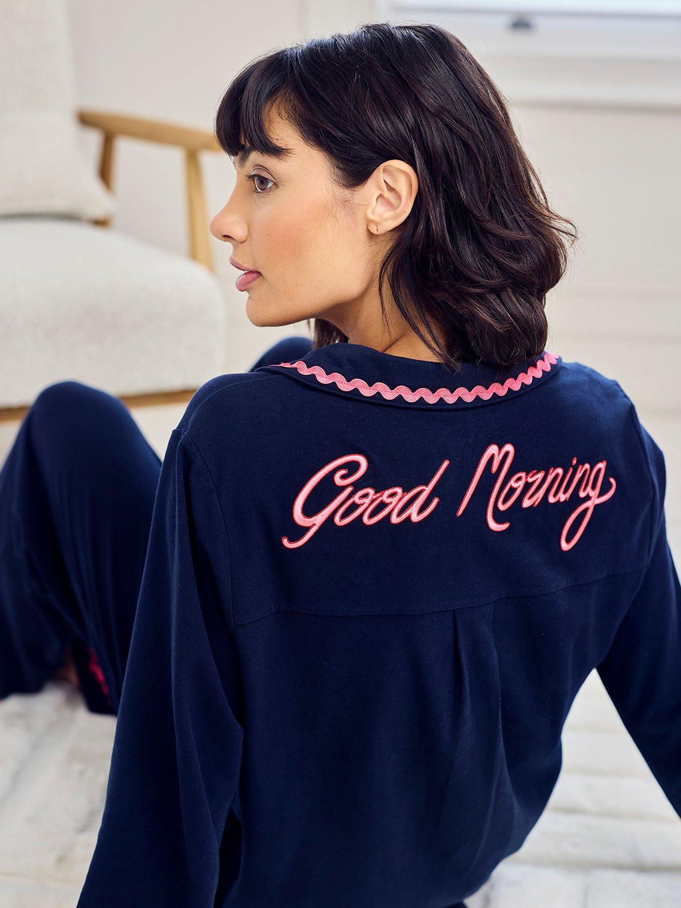 Image 4 of 6 of CHELSEA PEERS Cotton Embroidered Back Good Morning Long Pyjama Set - Navy