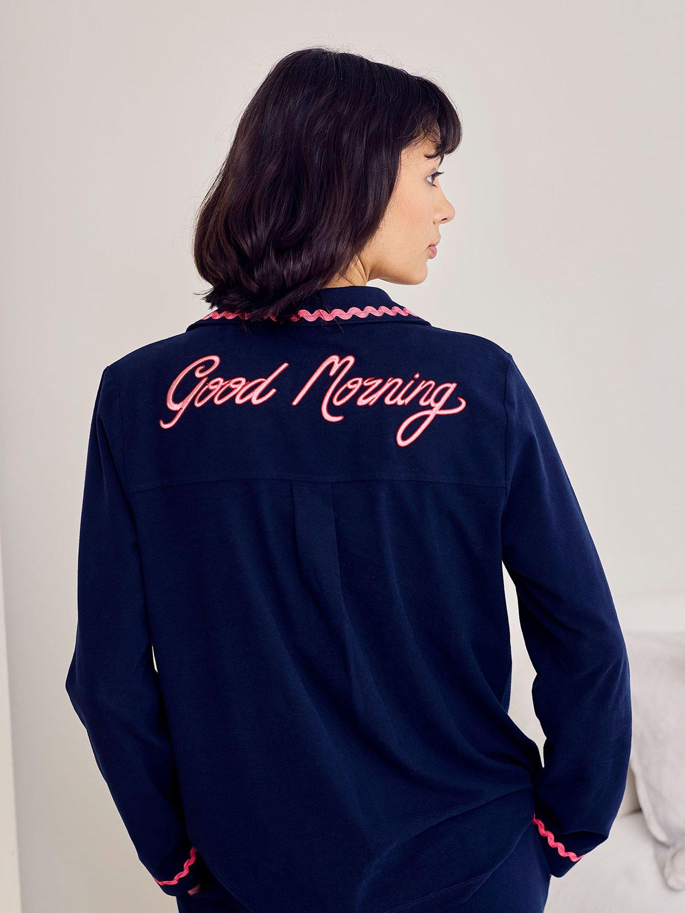 Image 5 of 6 of CHELSEA PEERS Cotton Embroidered Back Good Morning Long Pyjama Set - Navy
