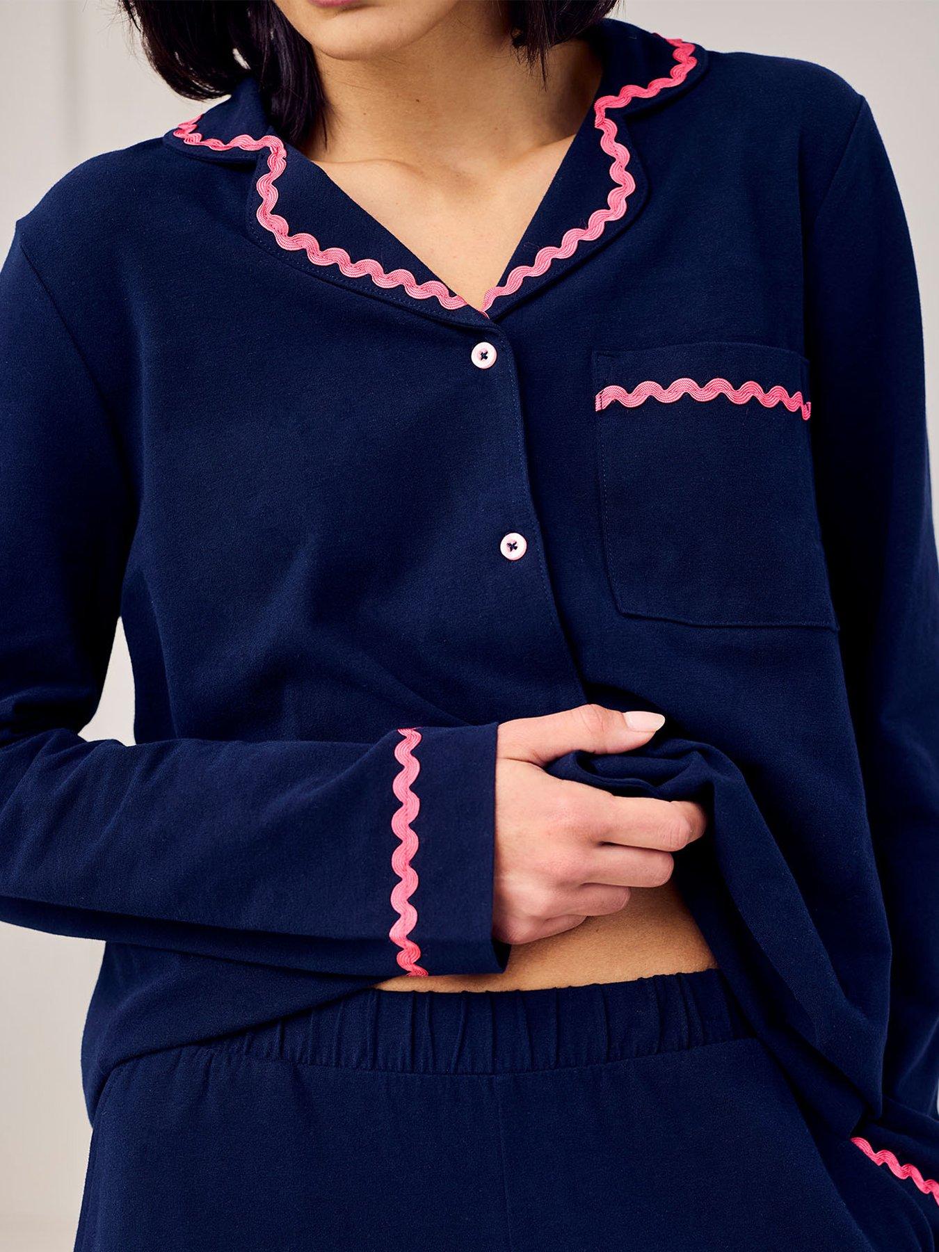 Image 6 of 6 of CHELSEA PEERS Cotton Embroidered Back Good Morning Long Pyjama Set - Navy