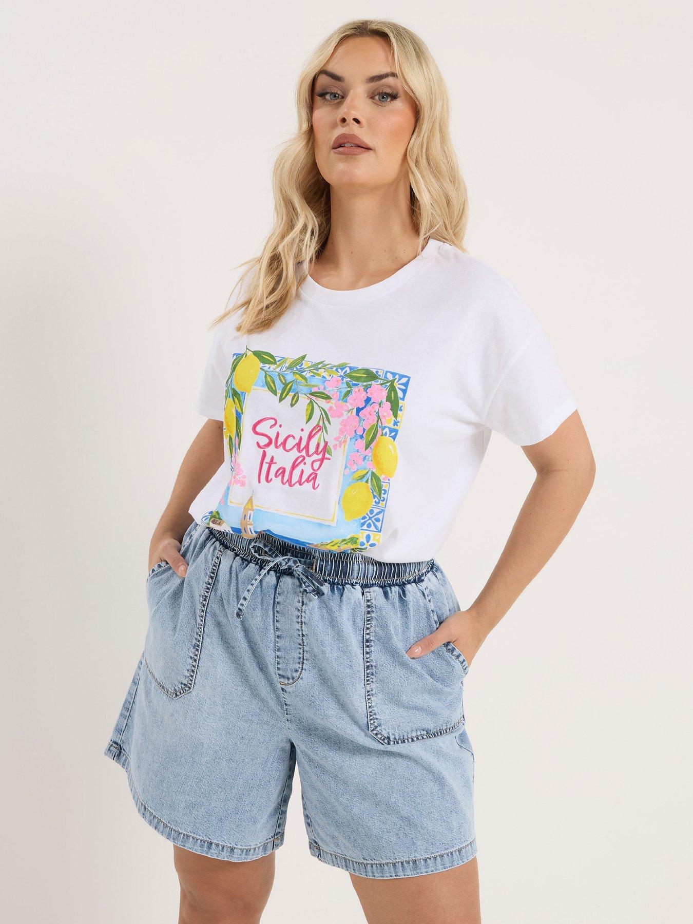 Yours Curve Tie Waist Denim Shorts - Blue