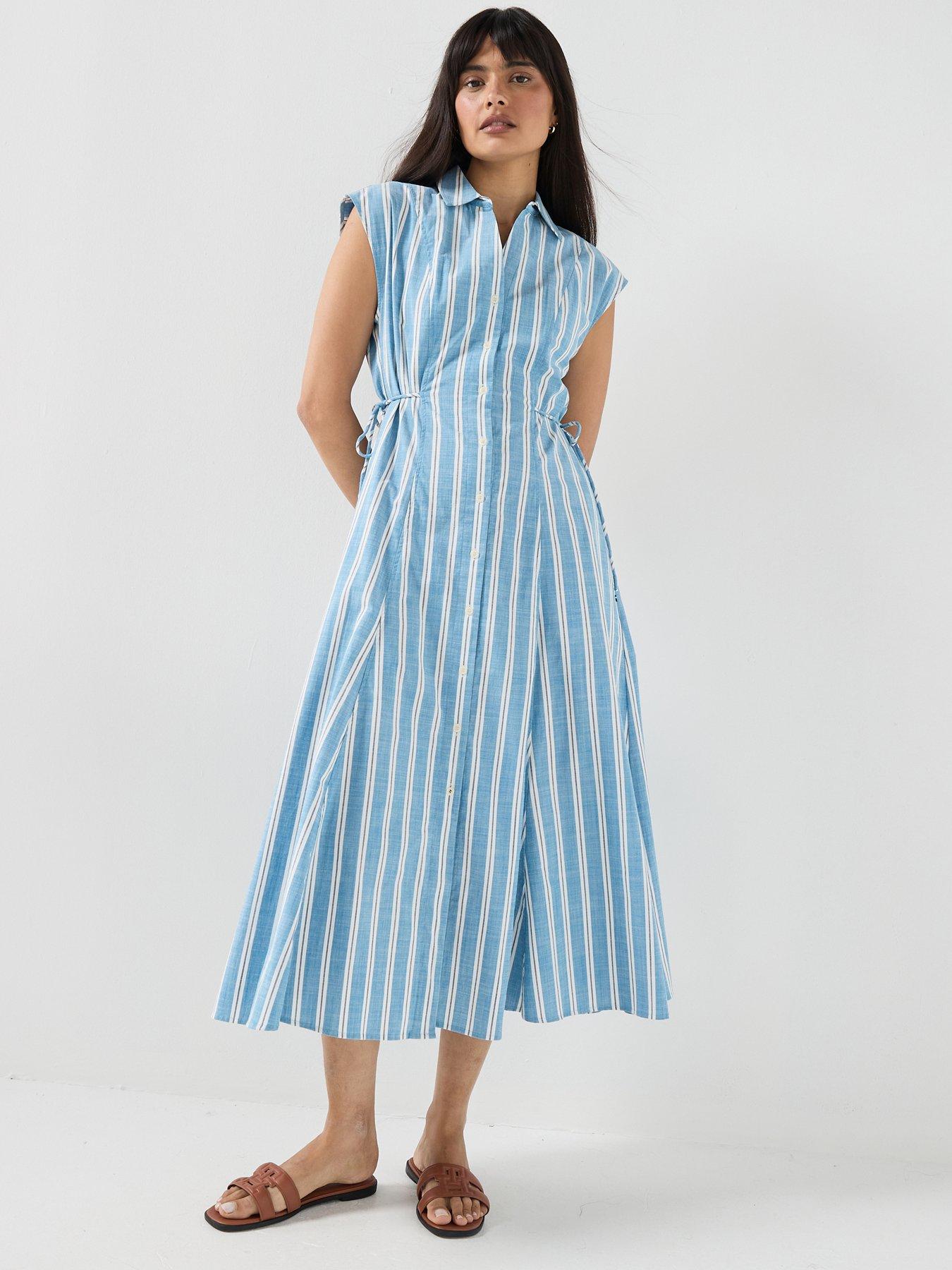 Tommy Hilfiger Tie Detail Cap Sleeve Midi Shirt Dress - Blue