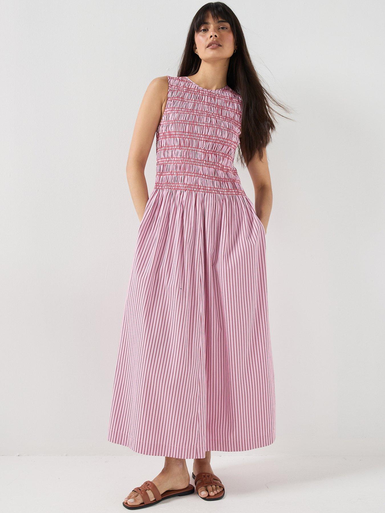 Tommy Hilfiger Smocking Stripe Maxi Dress - Pink