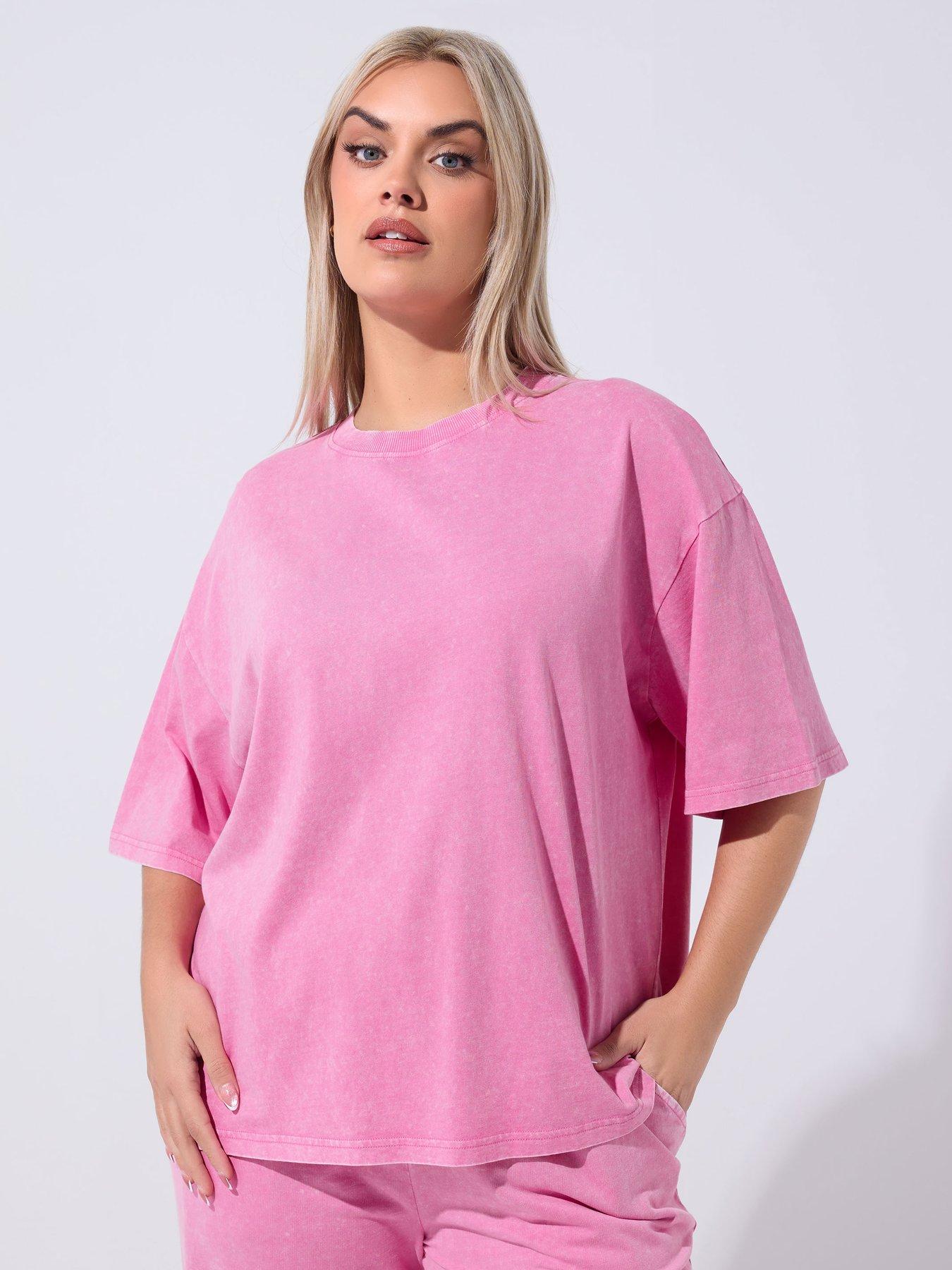 Yours Curve Acid Wash T-Shirt - Pink